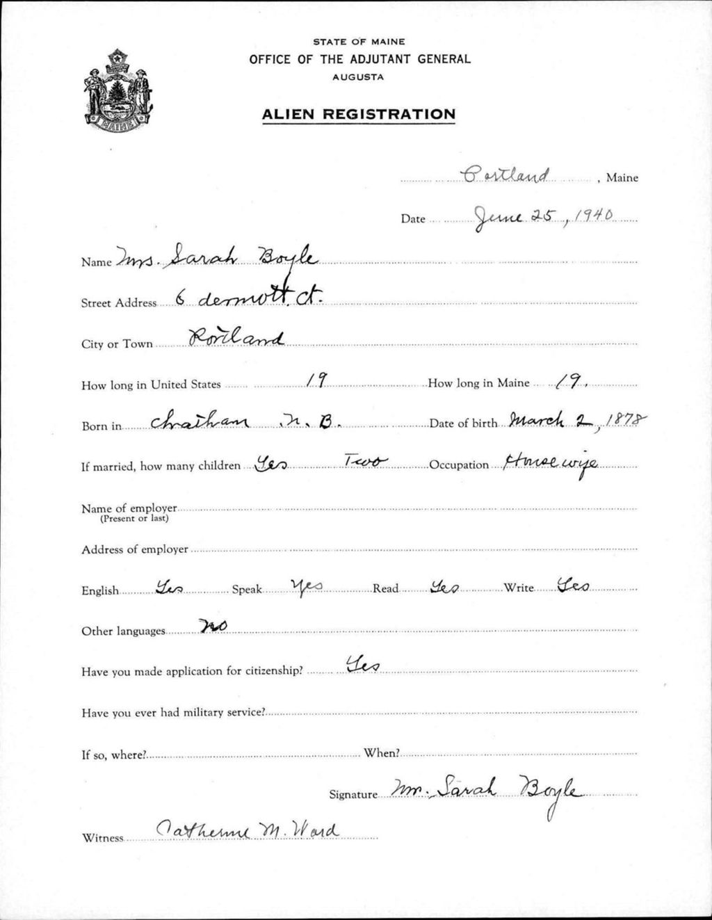 Miniature of Alien Registration- Boyle, Sarah (Portland, Cumberland County)