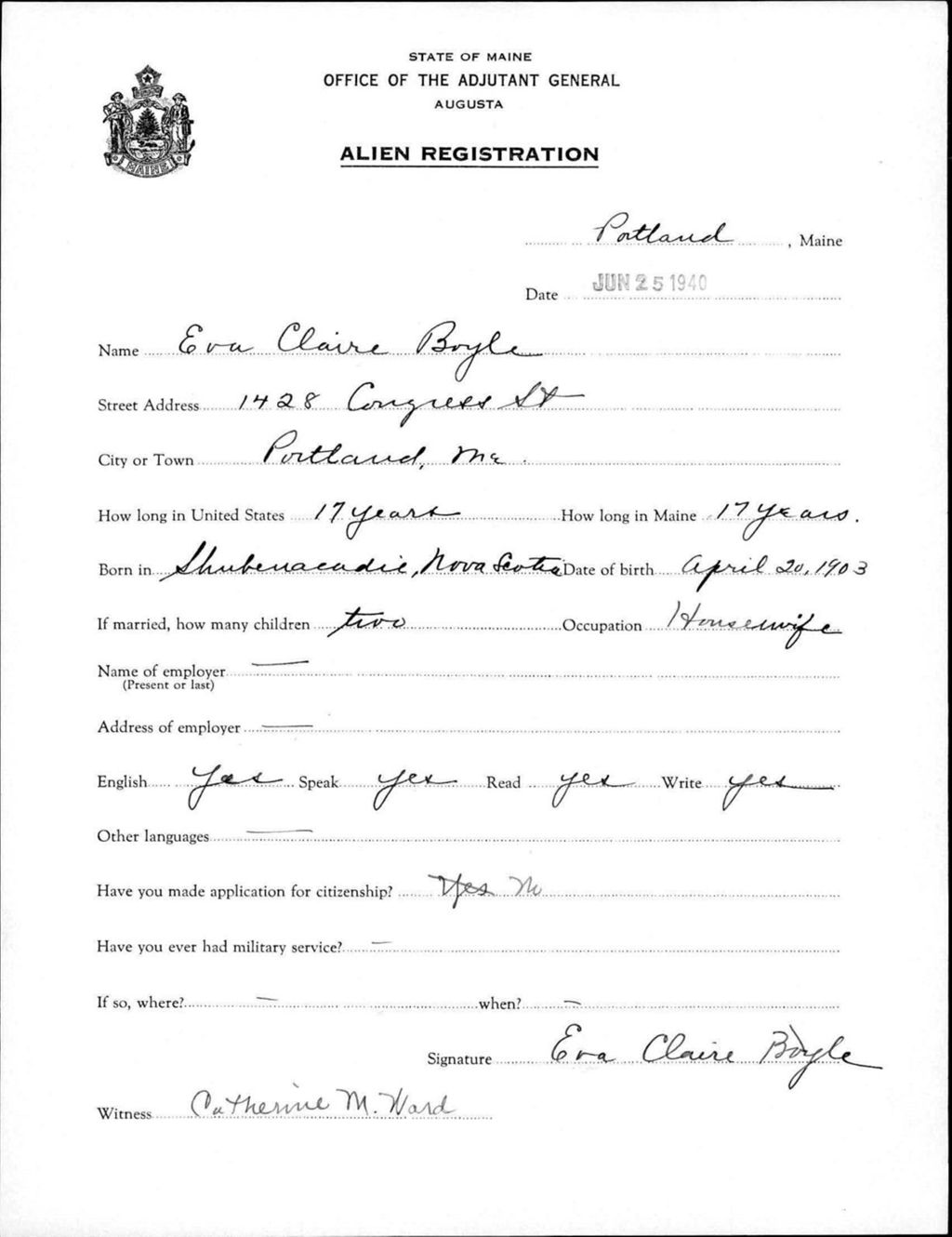 Miniature of Alien Registration- Boyle, Eva C. (Portland, Cumberland County)