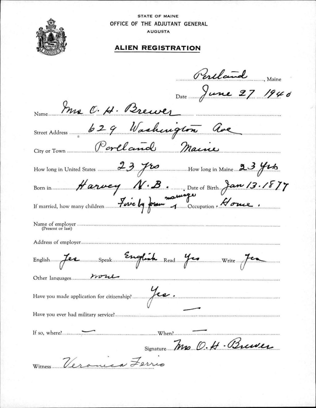 Miniature of Alien Registration- Brewer, O H. (Portland, Cumberland County)