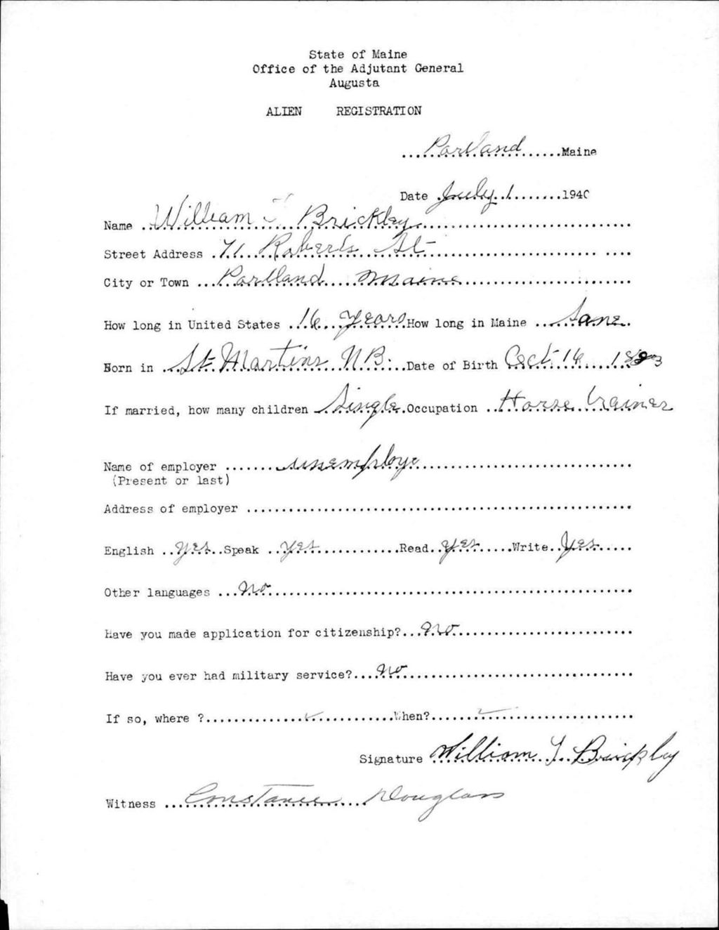 Miniature of Alien Registration- Brickley, William L. (Portland, Cumberland County)
