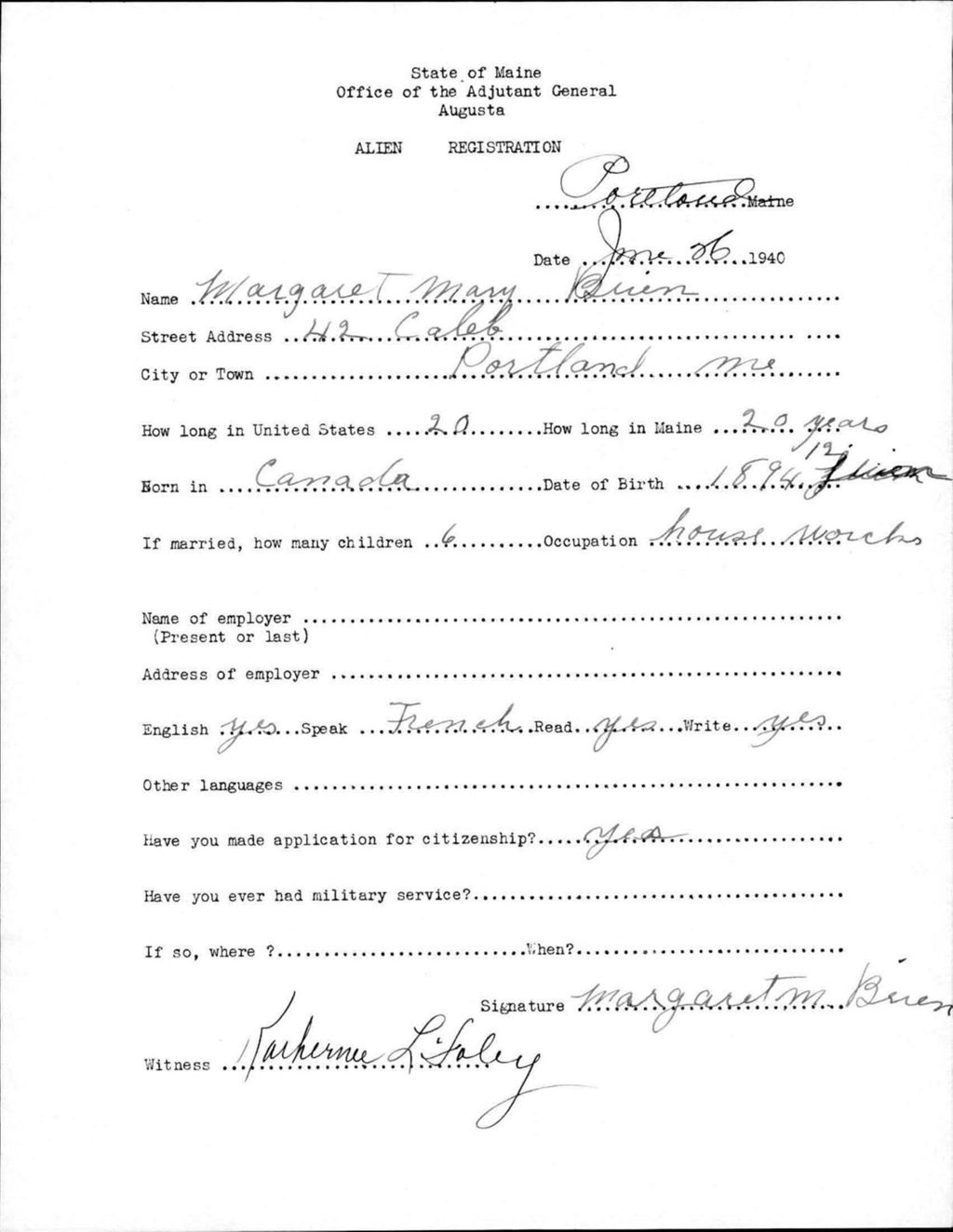 Miniature of Alien Registration- Brien, Margaret M. (Portland, Cumberland County)