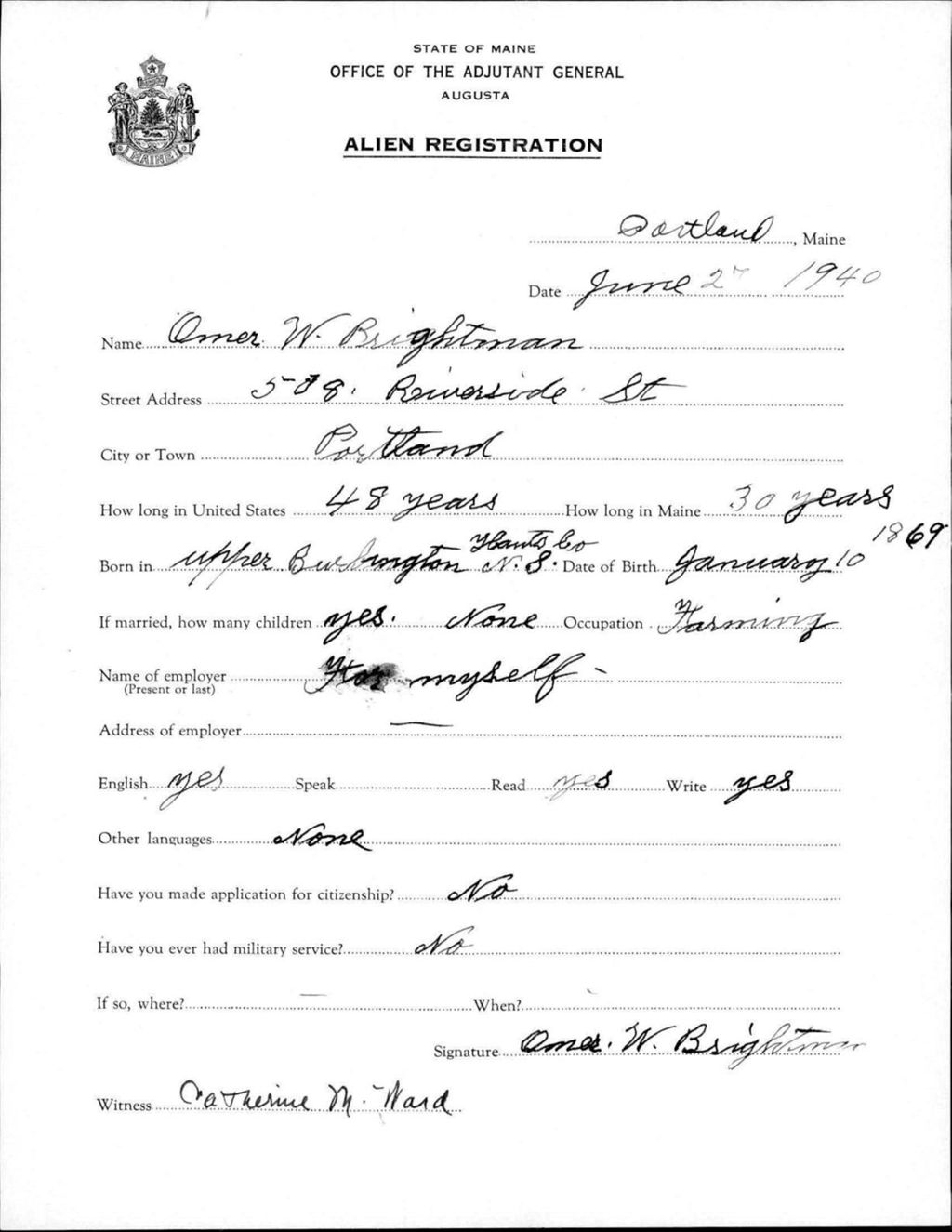 Miniature of Alien Registration- Brightman, Omer W. (Portland, Cumberland County)