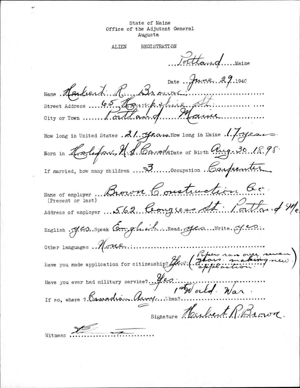Miniature of Alien Registration- Brown, Herbert R. (Portland, Cumberland County)