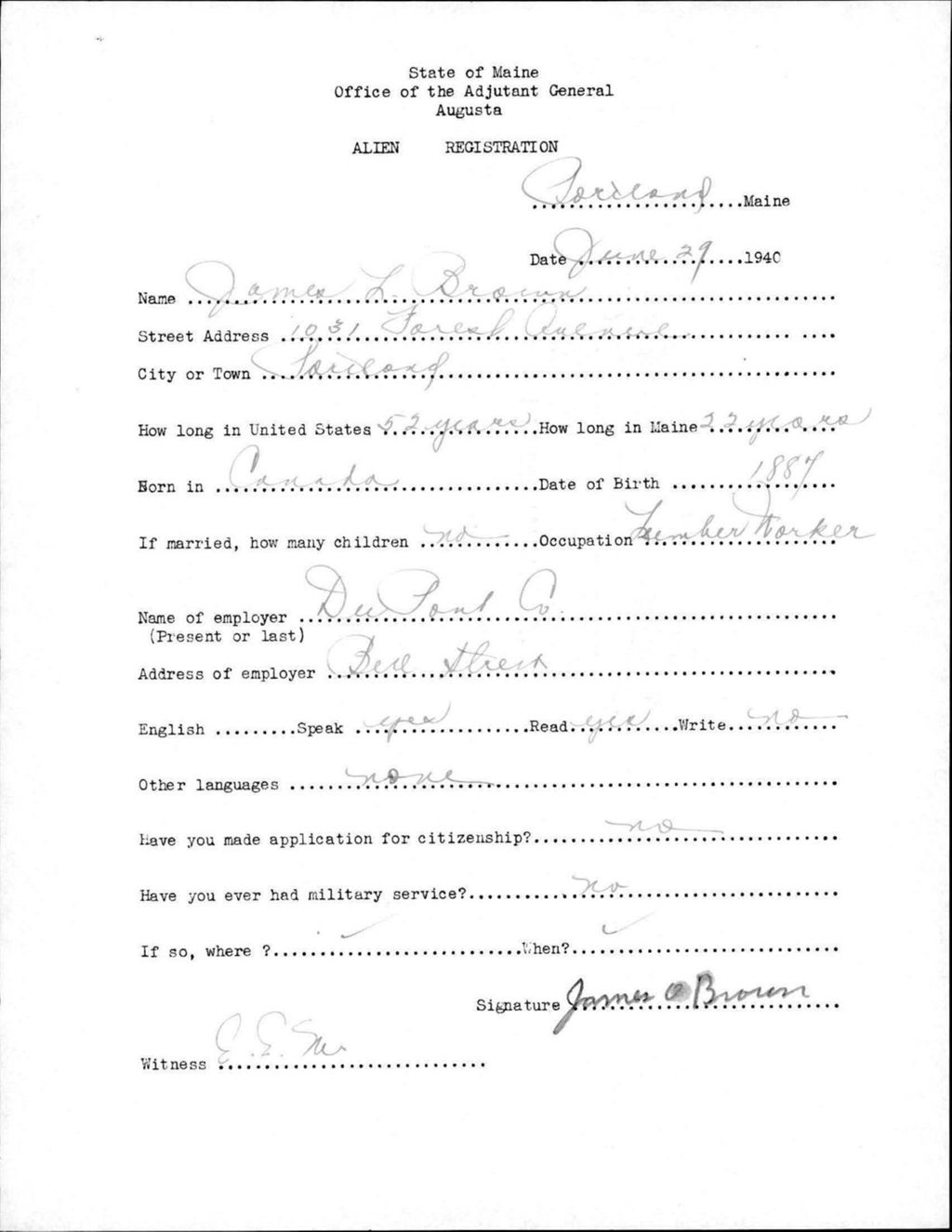 Miniature of Alien Registration- Brown, James L. (Portland, Cumberland County)