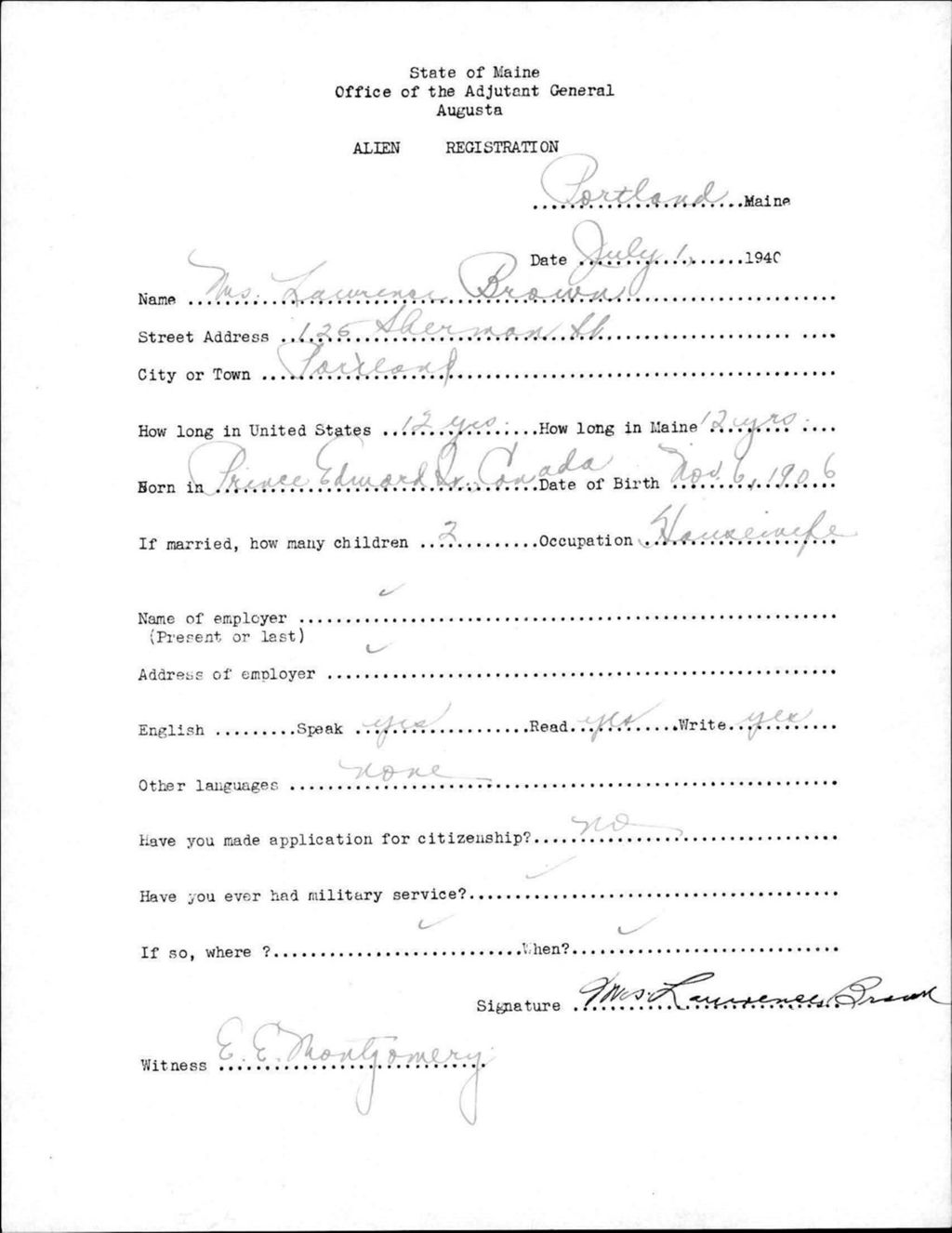 Miniature of Alien Registration- Brown, Lawrence (Portland, Cumberland County)
