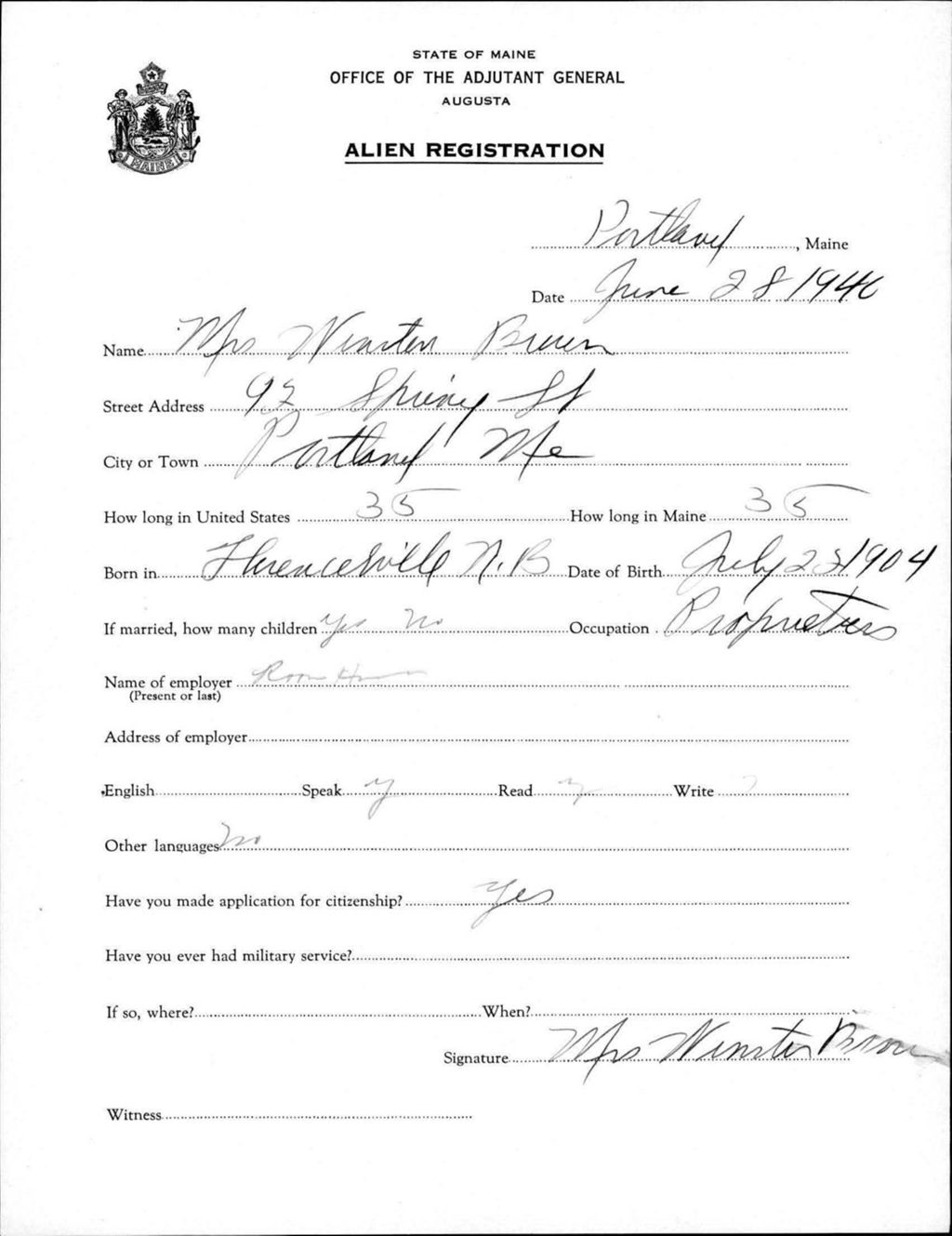 Miniature of Alien Registration- Brown, Winston (Portland, Cumberland County)