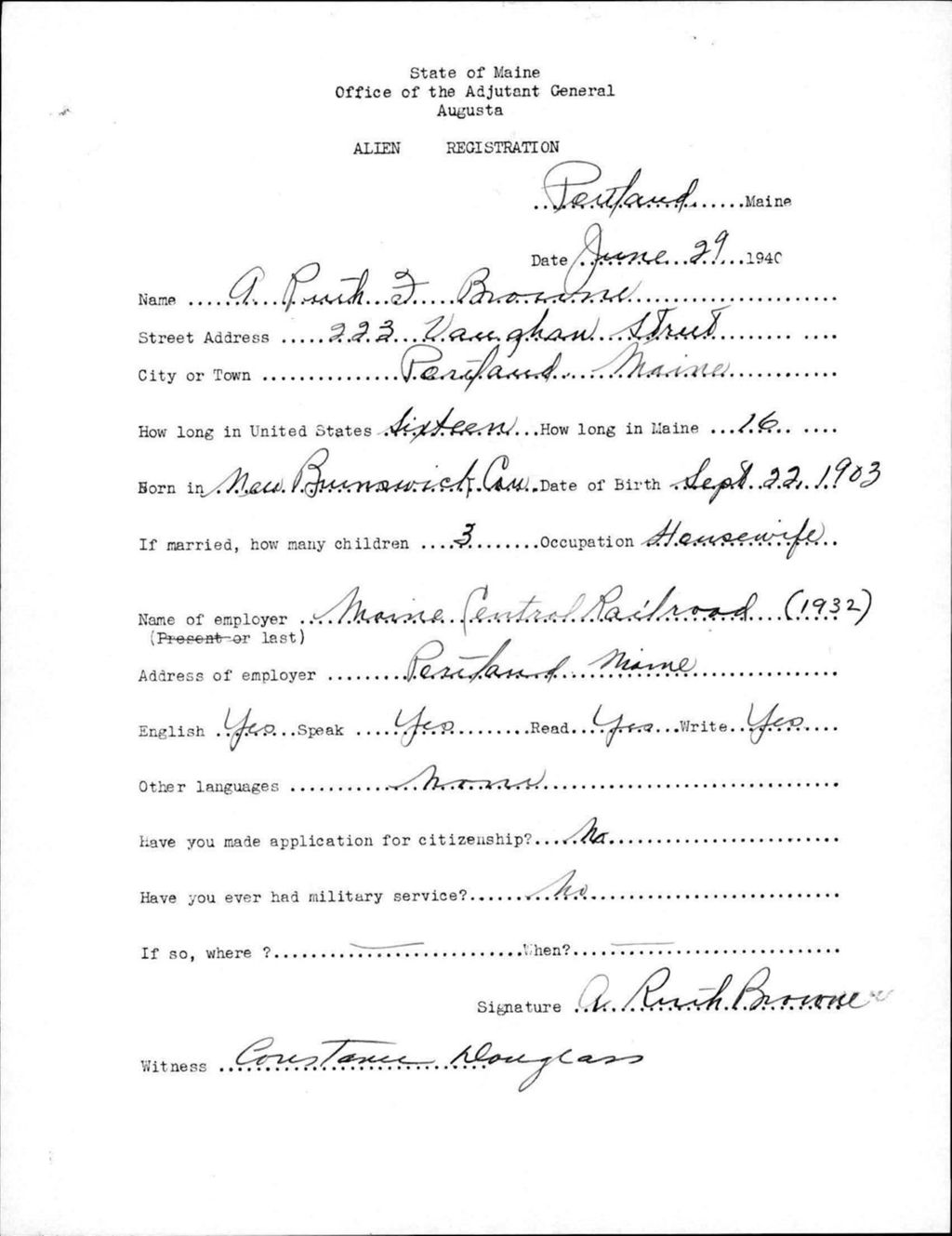 Miniature of Alien Registration- Browne, A Ruth F. (Portland, Cumberland County)