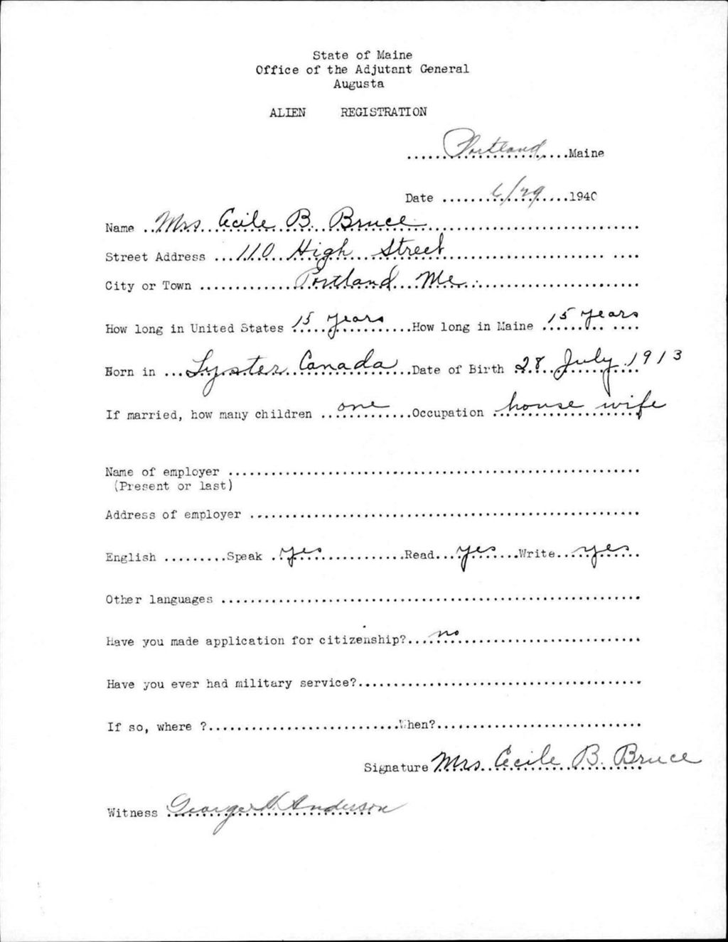 Miniature of Alien Registration- Bruce, Cecile B. (Portland, Cumberland County)