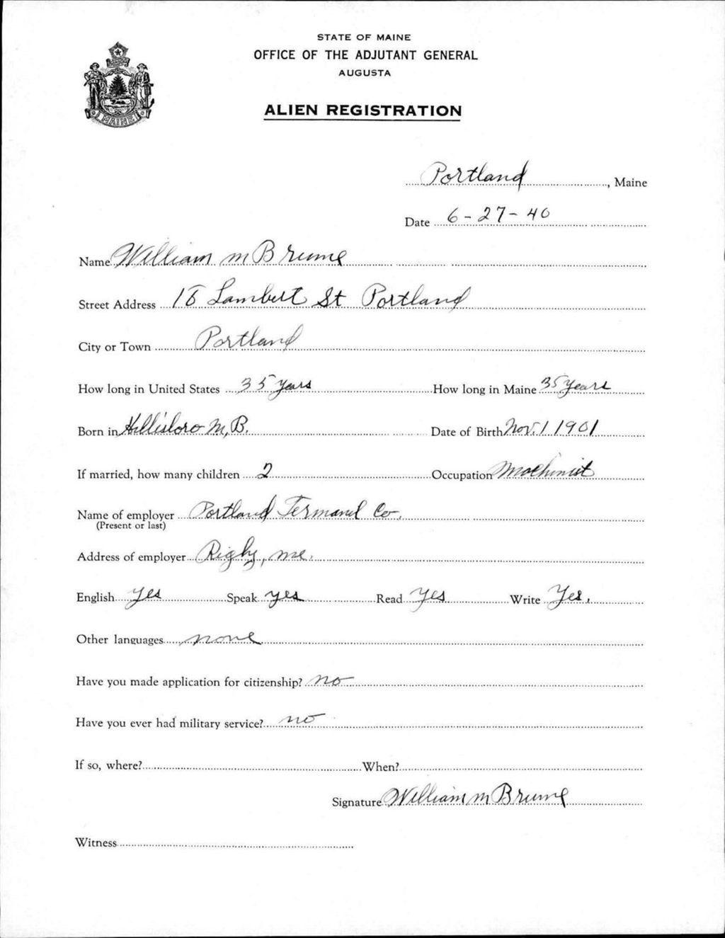 Miniature of Alien Registration- Brume, William M. (Portland, Cumberland County)
