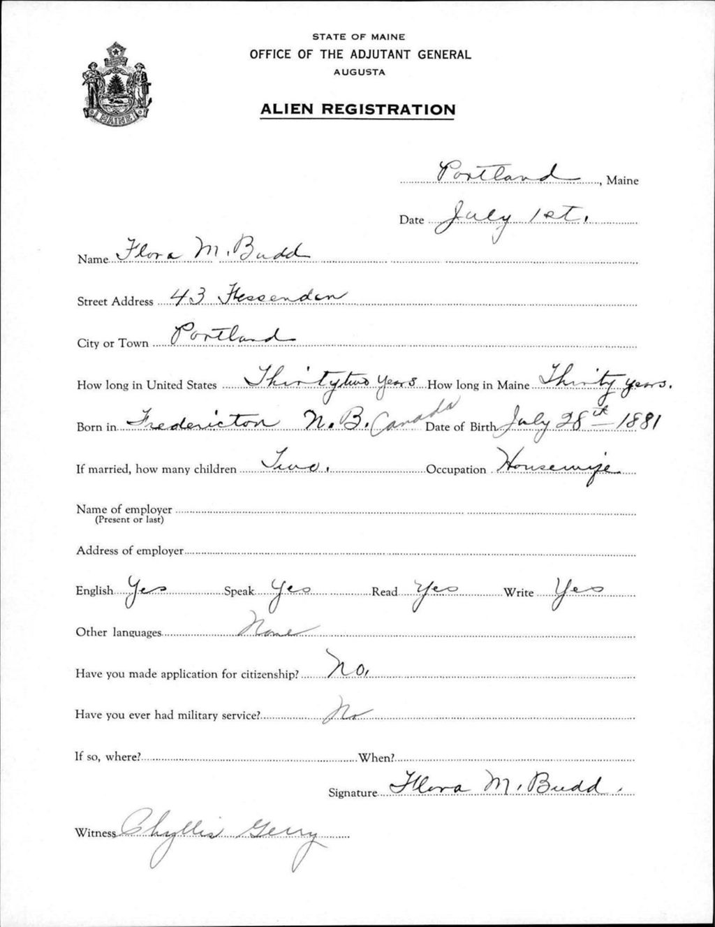 Miniature of Alien Registration- Budd, Flora M. (Portland, Cumberland County)