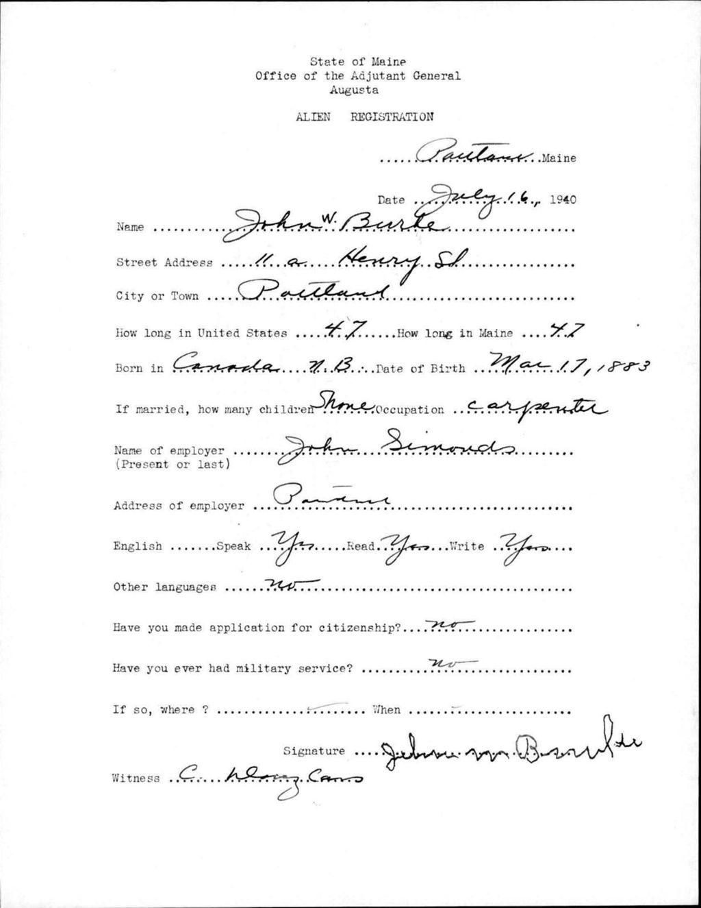 Miniature of Alien Registration- Burke, John W. (Portland, Cumberland County)