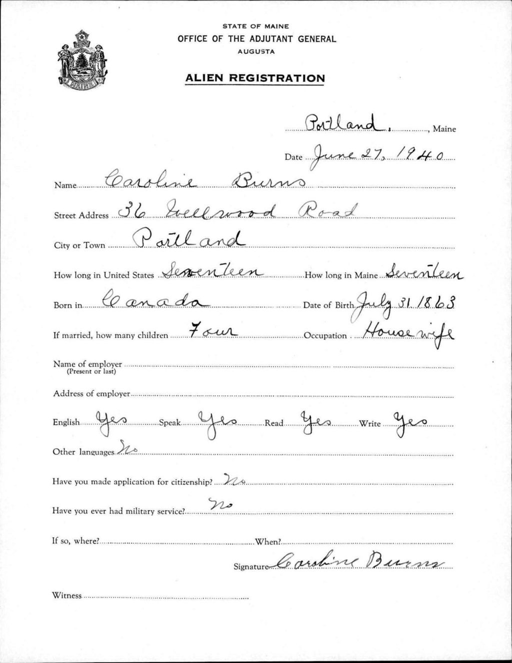 Miniature of Alien Registration- Burns, Caroline (Portland, Cumberland County)