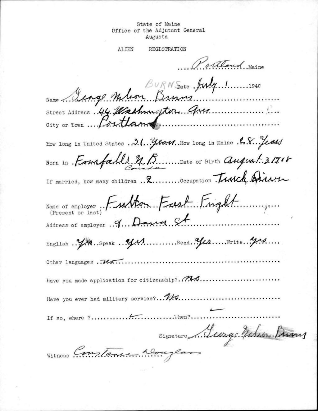 Miniature of Alien Registration- Burns, George W. (Portland, Cumberland County)