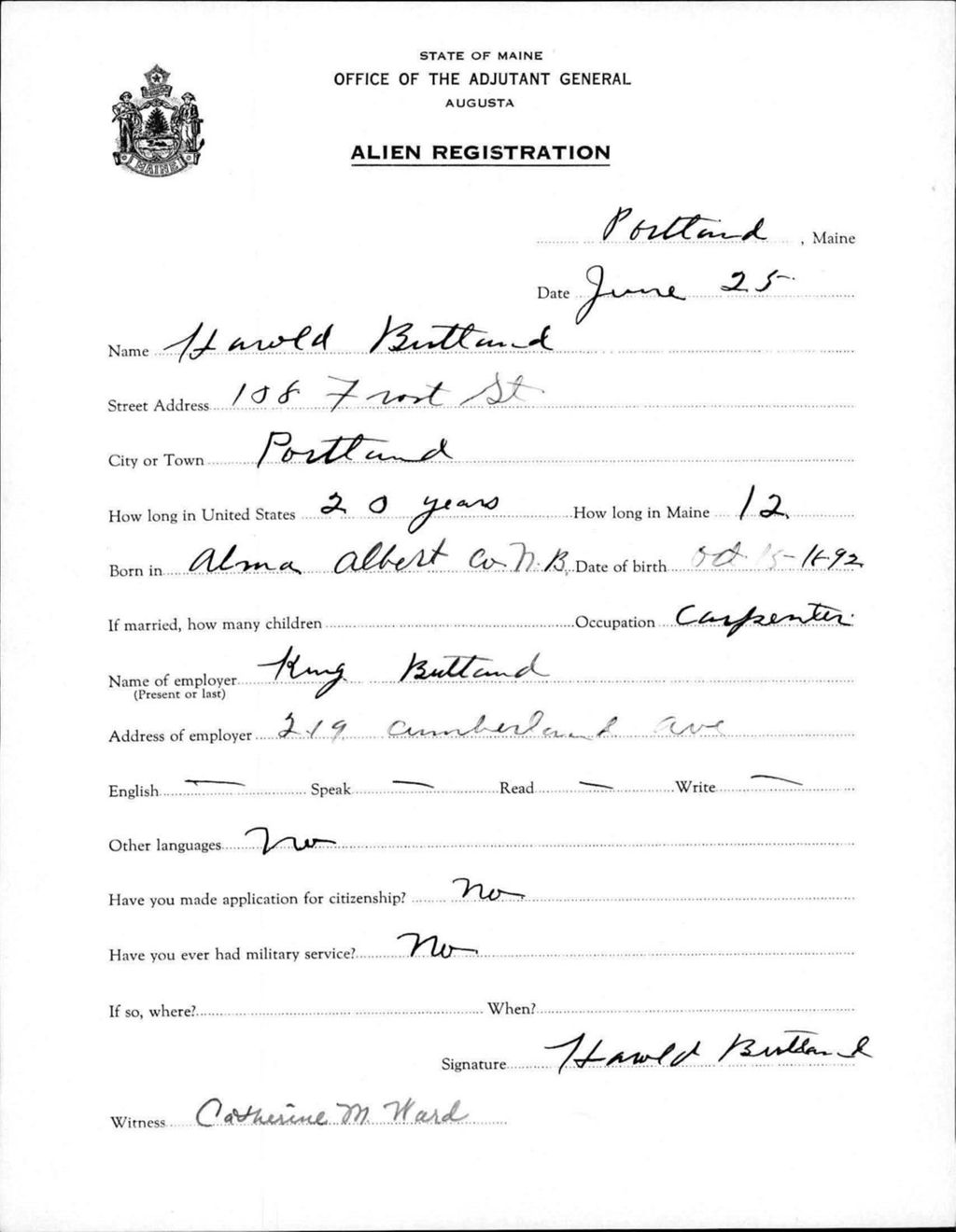 Miniature of Alien Registration- Butland, Harold (Portland, Cumberland County)
