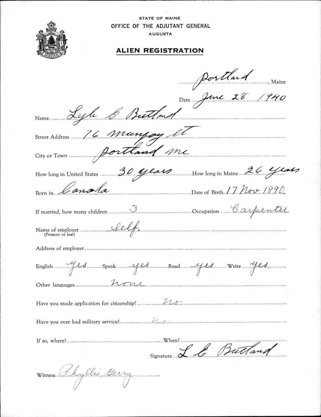 Miniature of Alien Registration- Butland, Lyle E. (Portland, Cumberland County)