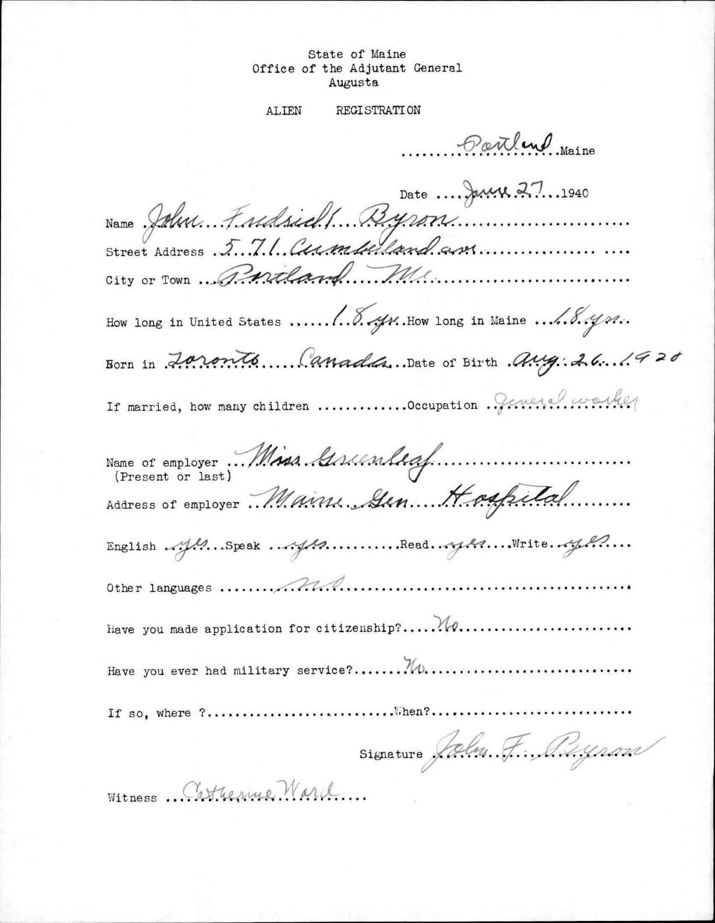 Miniature of Alien Registration- Byron, John F. (Portland, Cumberland County)