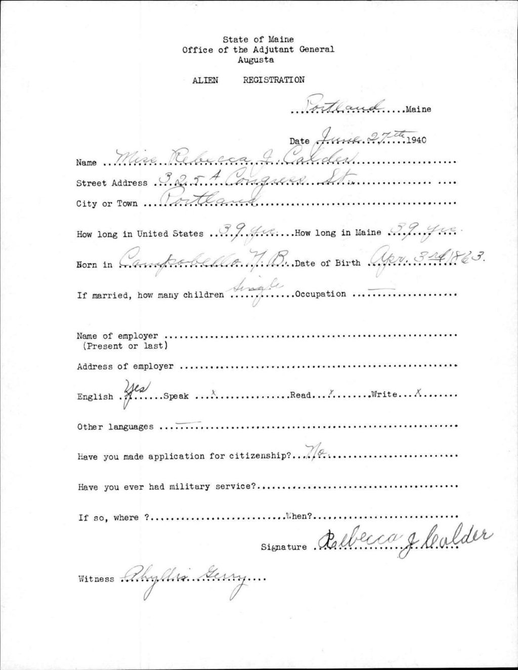 Miniature of Alien Registration- Calder, Rebecca J. (Portland, Cumberland County)