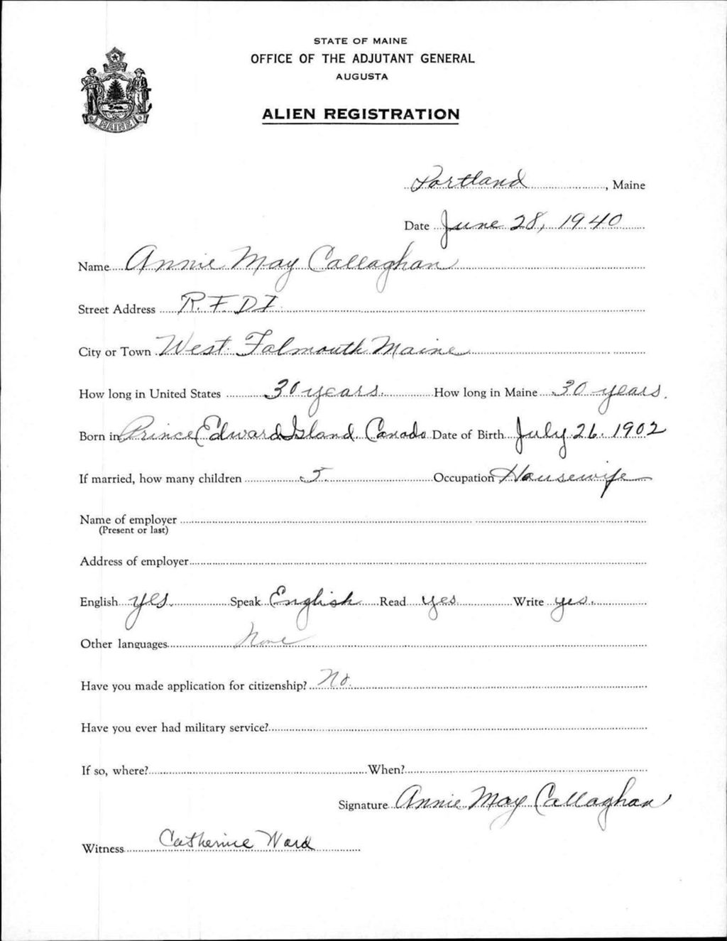 Miniature of Alien Registration- Callaghan, Annie M. (Portland, Cumberland County)