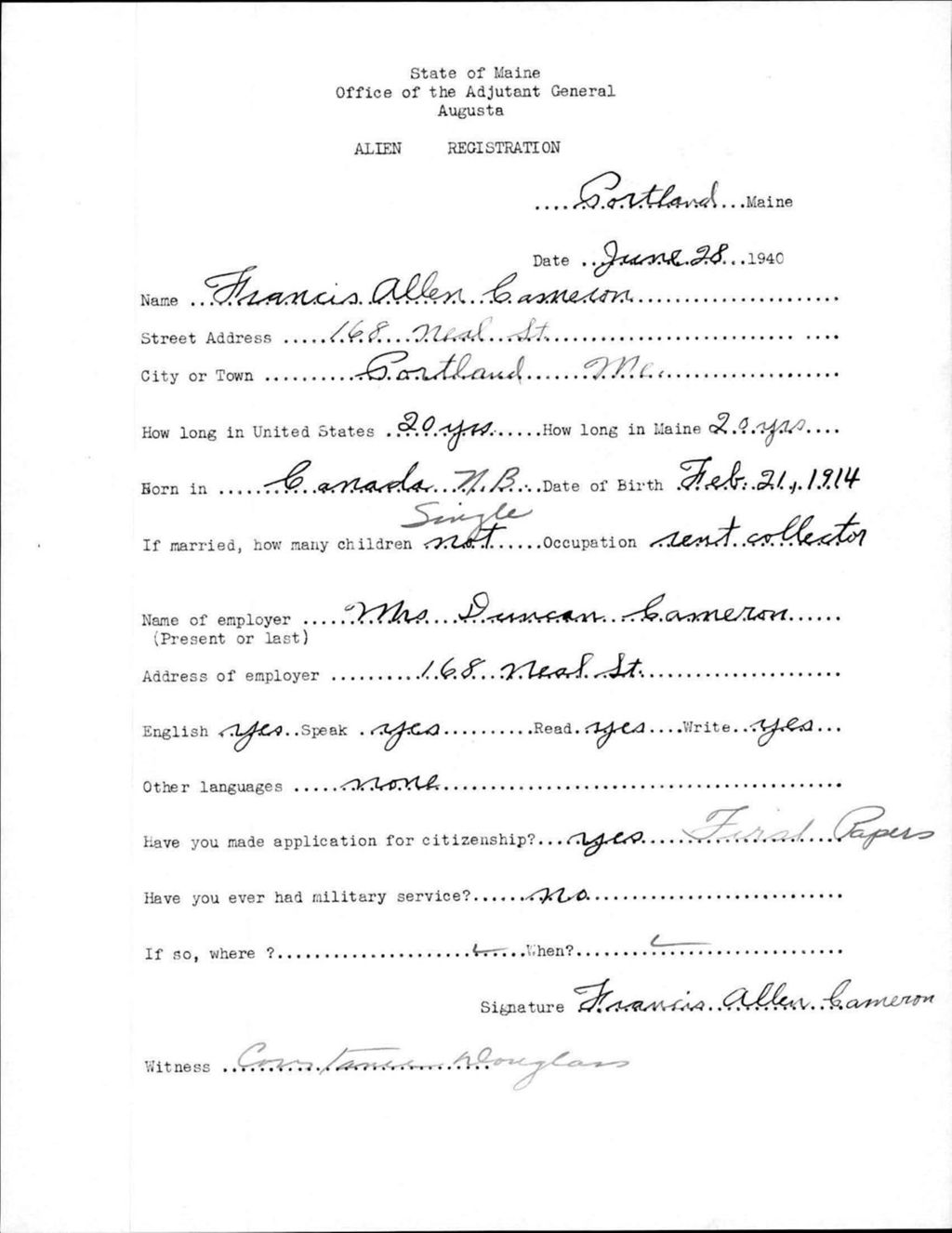 Miniature of Alien Registration- Cameron, Francis A. (Portland, Cumberland County)
