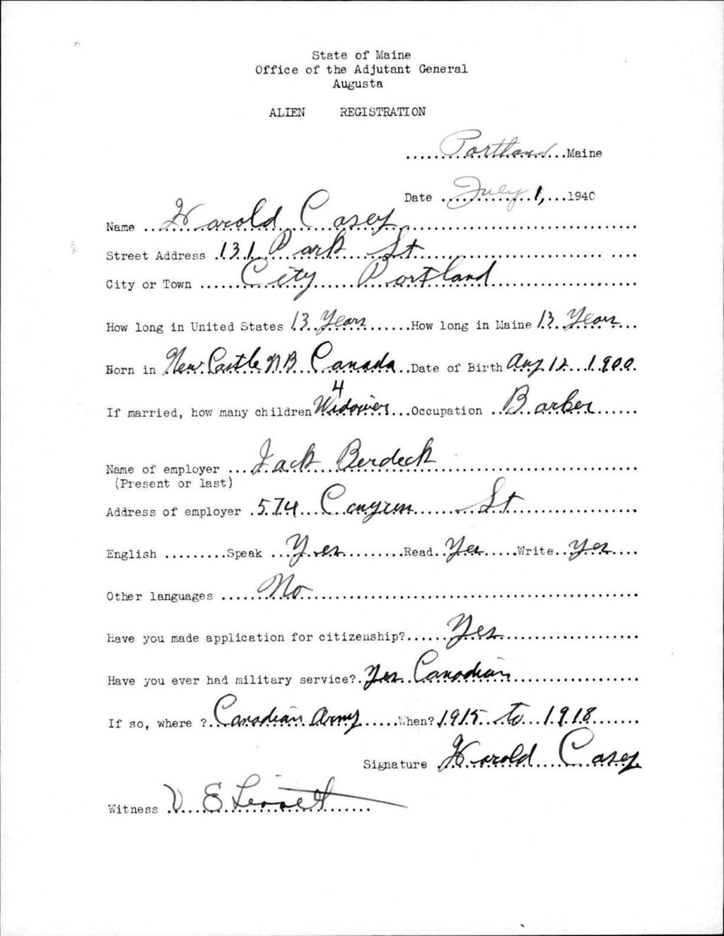 Miniature of Alien Registration- Casey, Harold (Portland, Cumberland County)