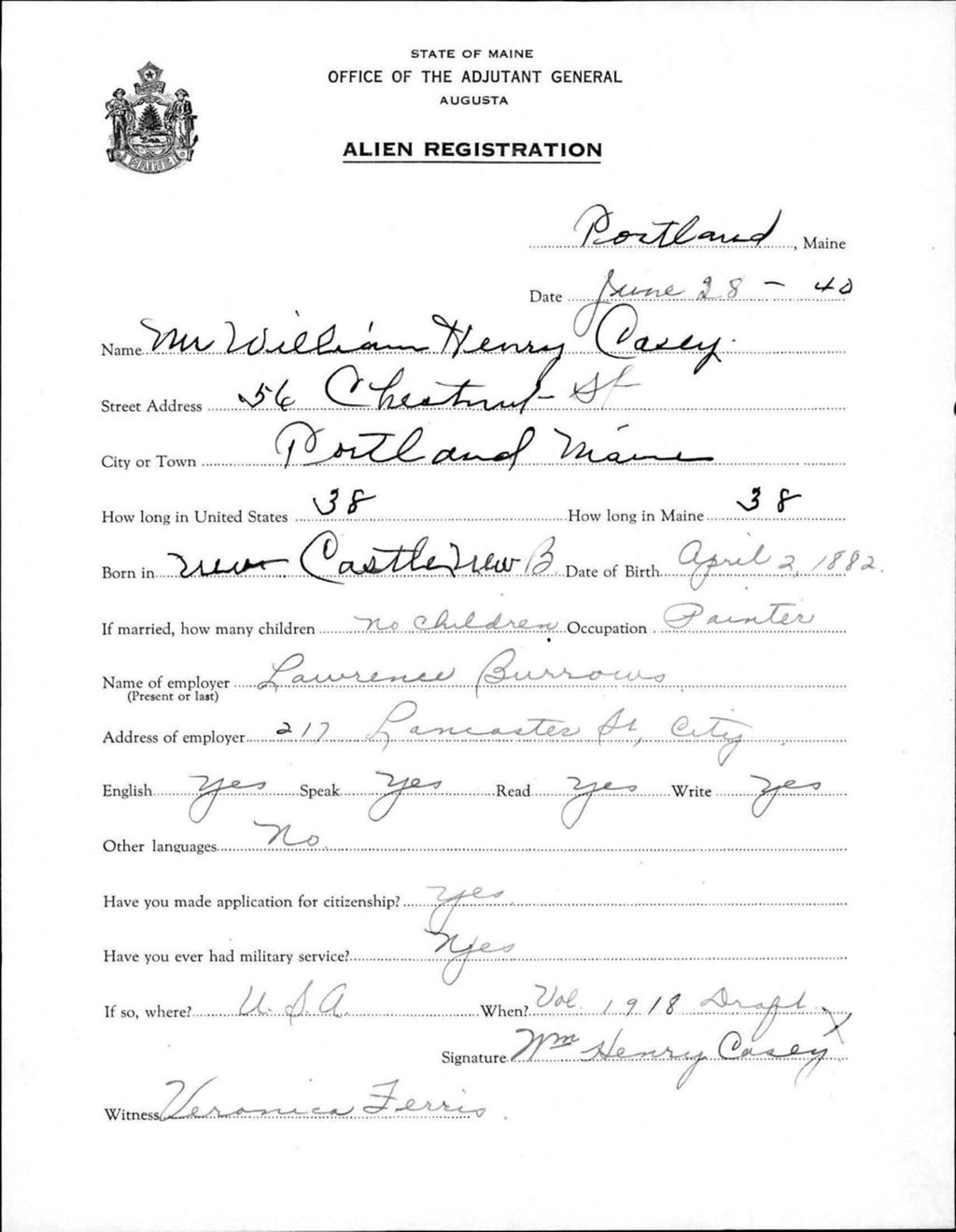 Miniature of Alien Registration- Casey, William H. (Portland, Cumberland County)