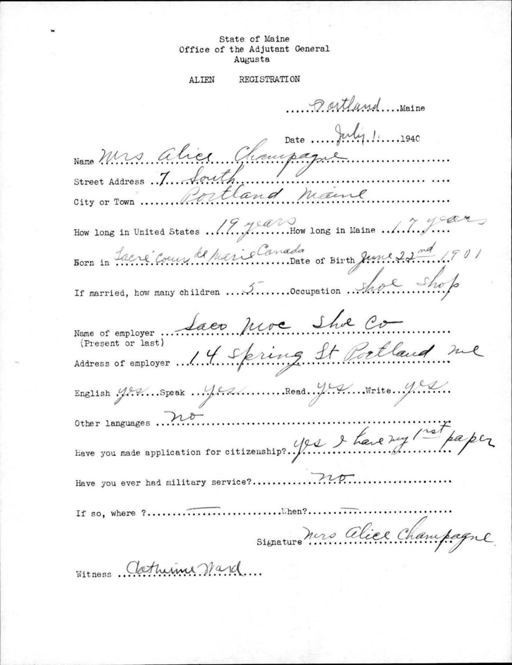 Miniature of Alien Registration- Champagne, Alice (Portland, Cumberland County)