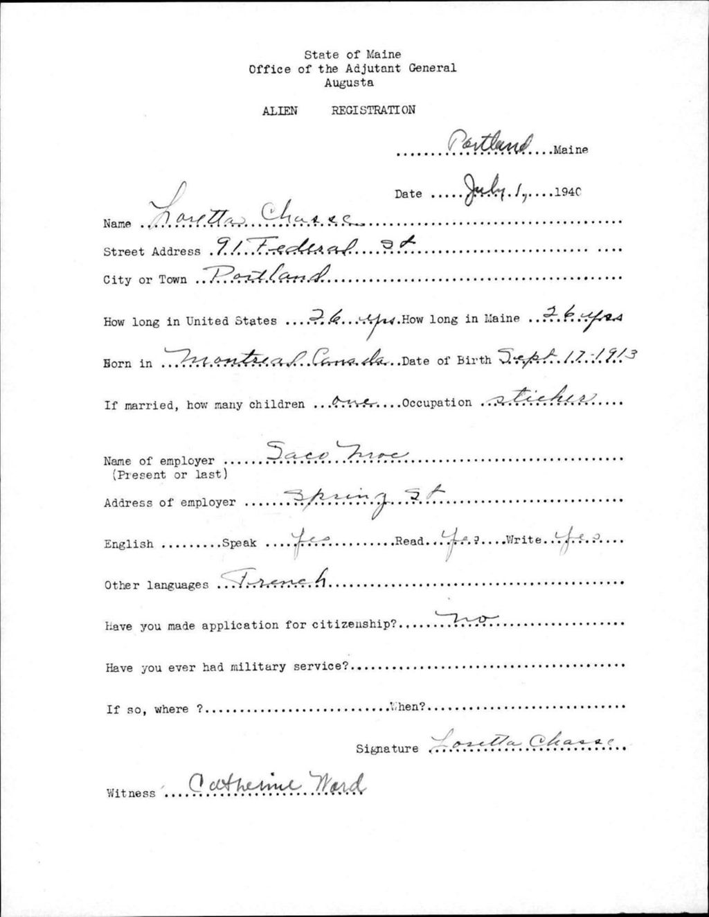 Miniature of Alien Registration- Chasse, Loretta (Portland, Cumberland County)