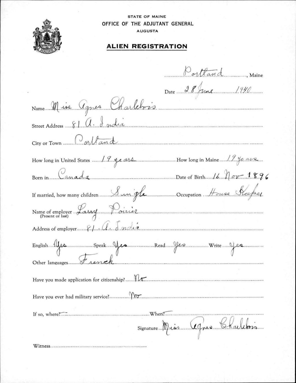 Miniature of Alien Registration- Charlebois, Agnes (Portland, Cumberland County)