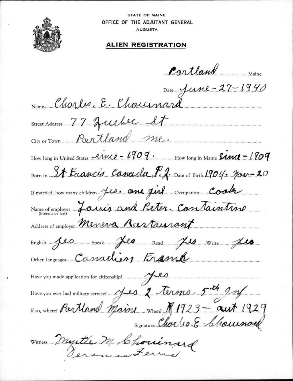 Miniature of Alien Registration- Chouinard, Charles E. (Portland, Cumberland County)