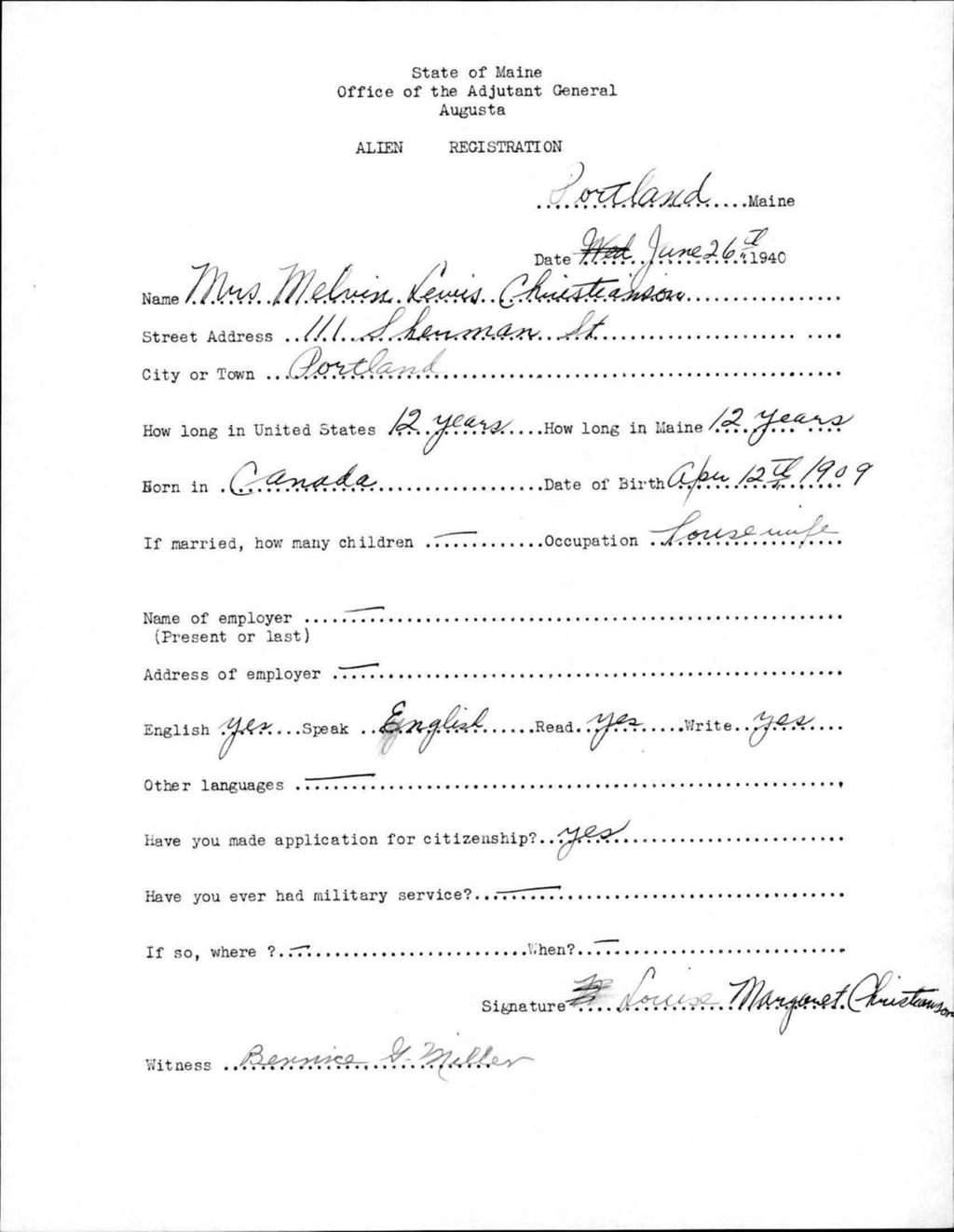 Miniature of Alien Registration- Christianson, Louise M. (Portland, Cumberland County)