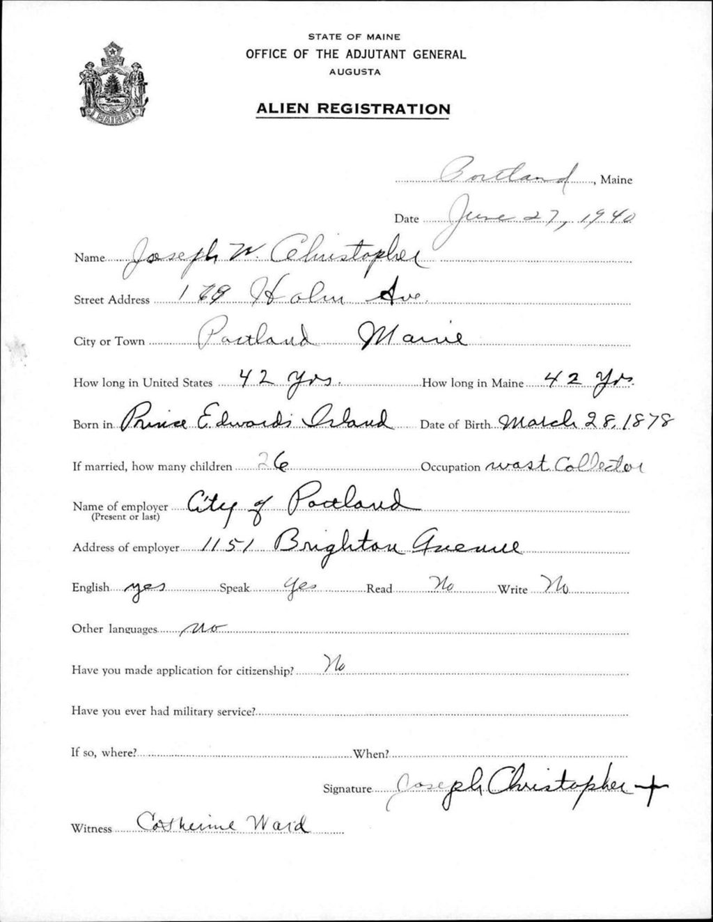 Miniature of Alien Registration- Christopher, Joseph W. (Portland, Cumberland County)