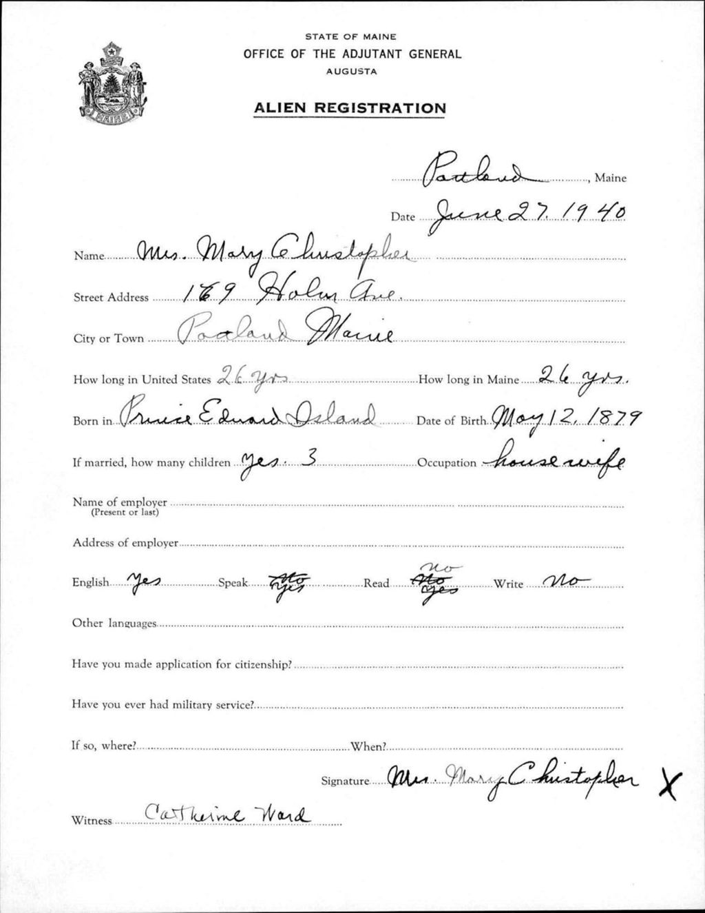Miniature of Alien Registration- Christopher, Mary (Portland, Cumberland County)