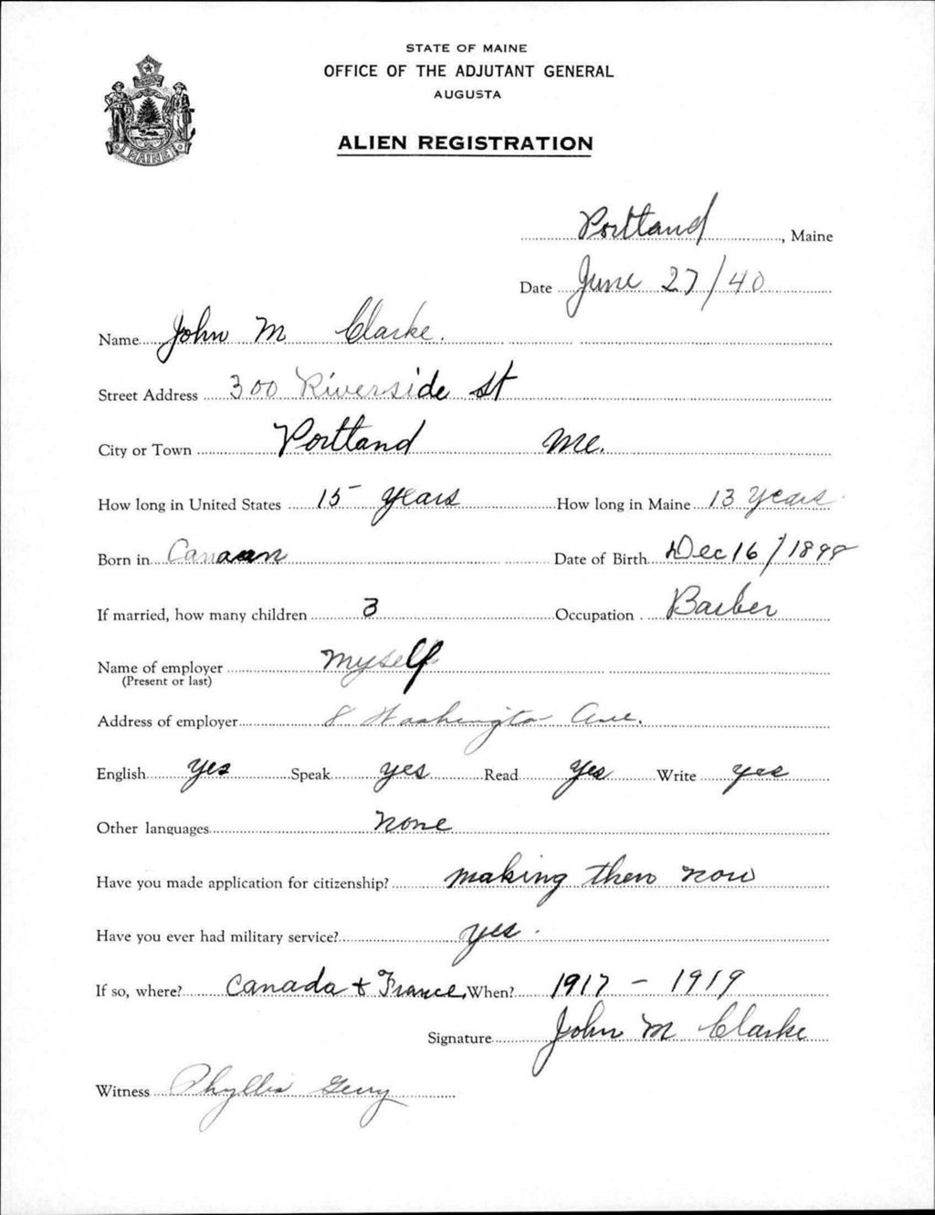 Miniature of Alien Registration- Clarke, John M. (Portland, Cumberland County)