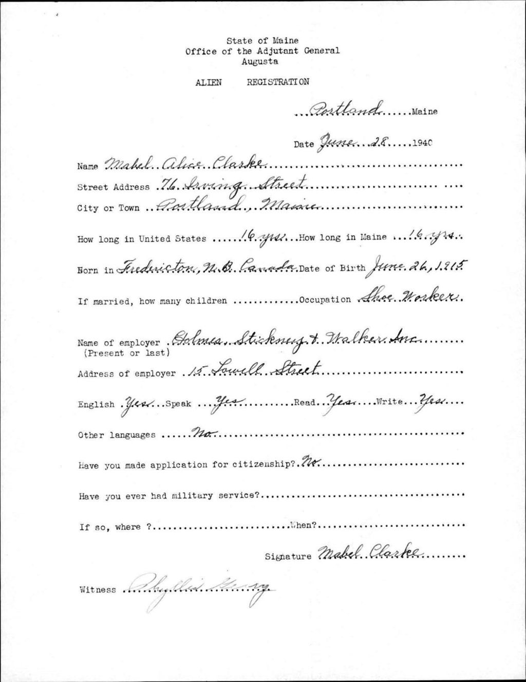 Miniature of Alien Registration- Clarke, Mabel A. (Portland, Cumberland County)