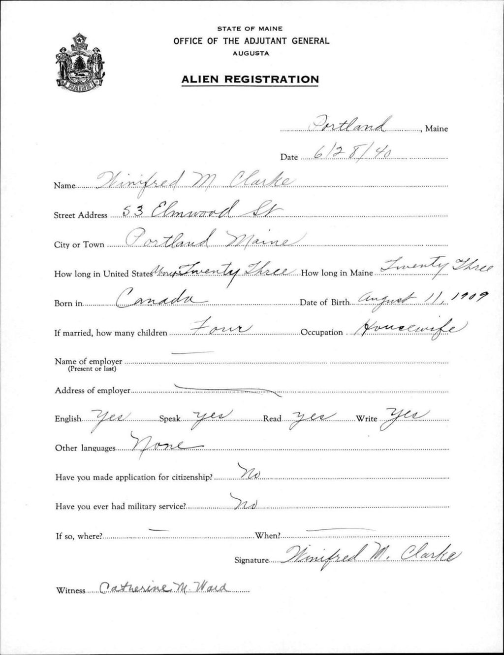 Miniature of Alien Registration- Clarke, Winifred M. (Portland, Cumberland County)