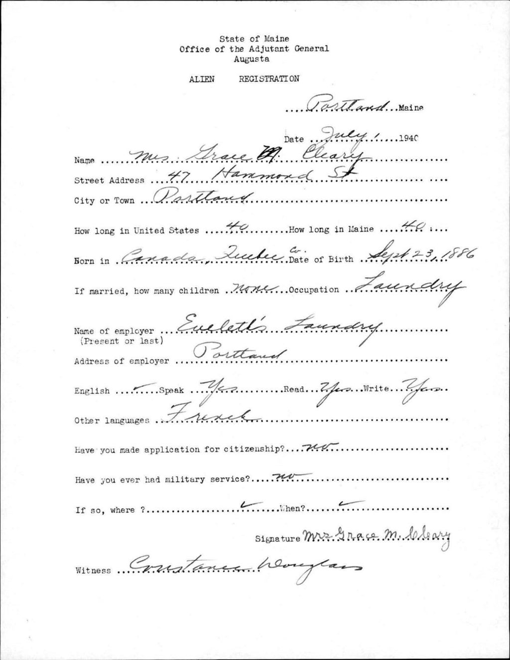 Miniature of Alien Registration- Cleary, Grace M. (Portland, Cumberland County)