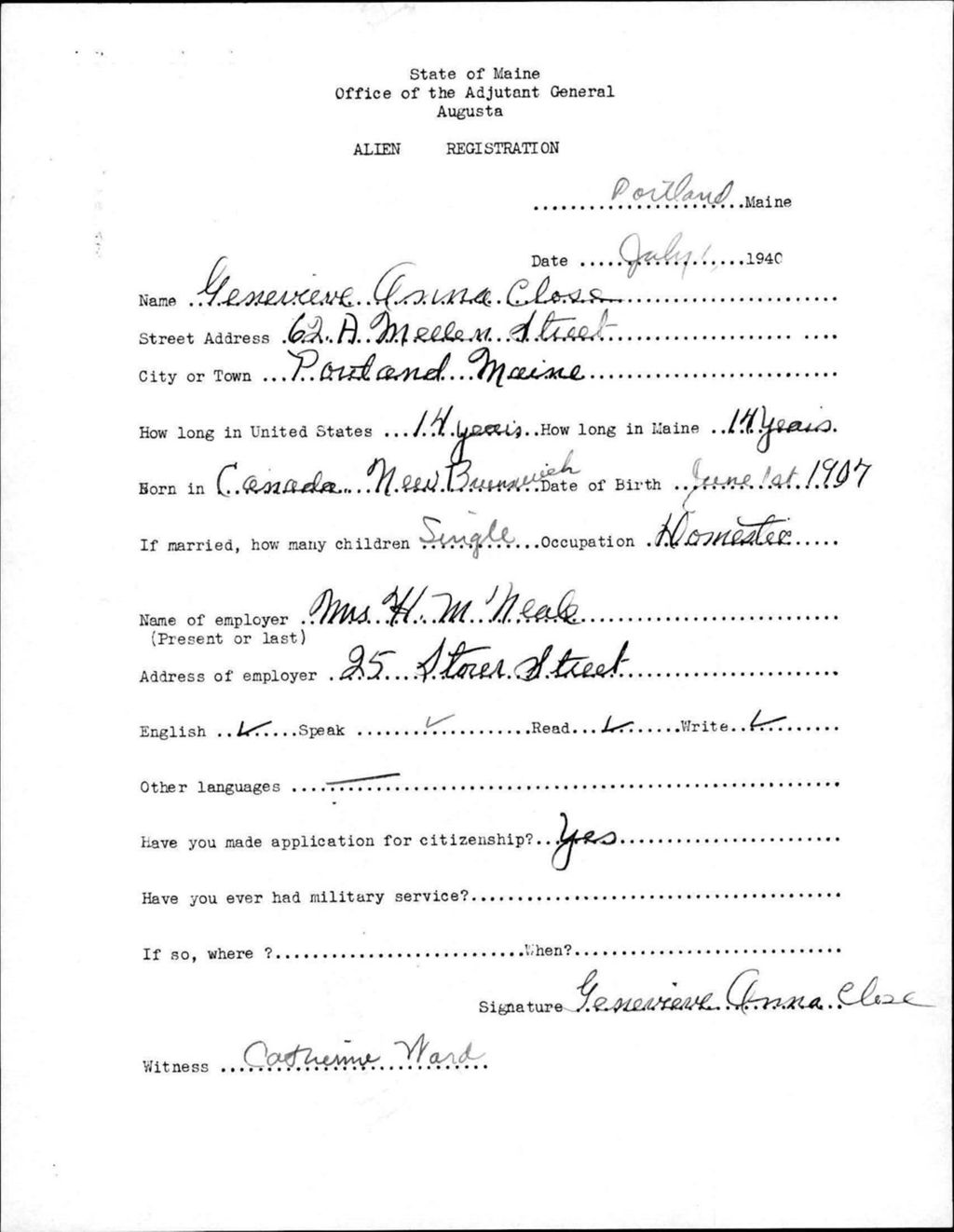 Miniature of Alien Registration- Close, Genevieve A. (Portland, Cumberland County)