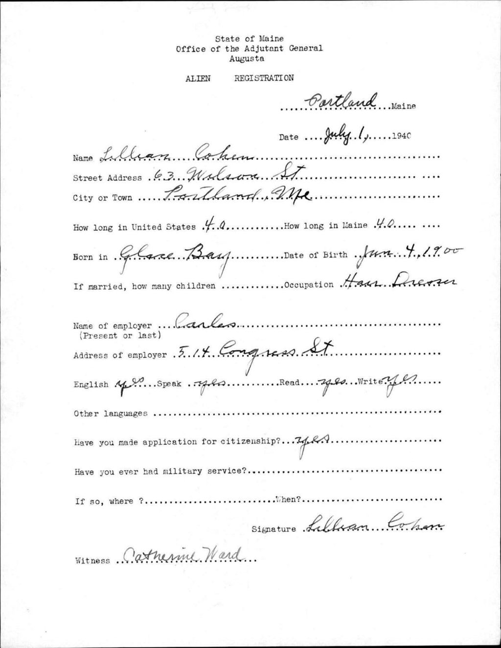 Miniature of Alien Registration- Cohen, Lillian (Portland, Cumberland County)