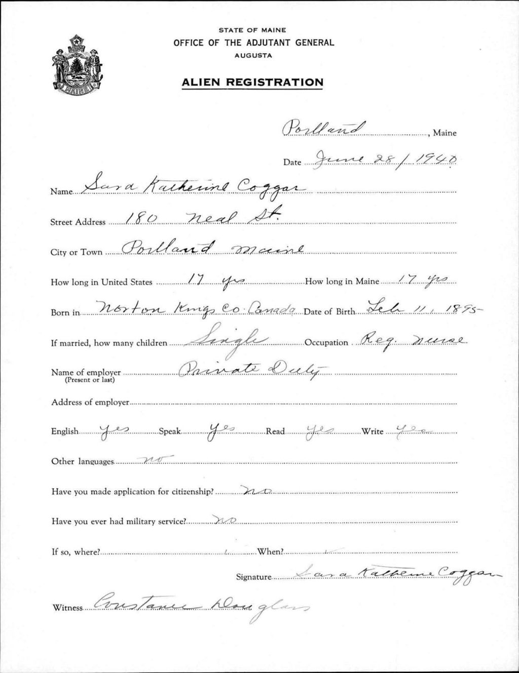 Miniature of Alien Registration- Coggan, Sara K. (Portland, Cumberland County)