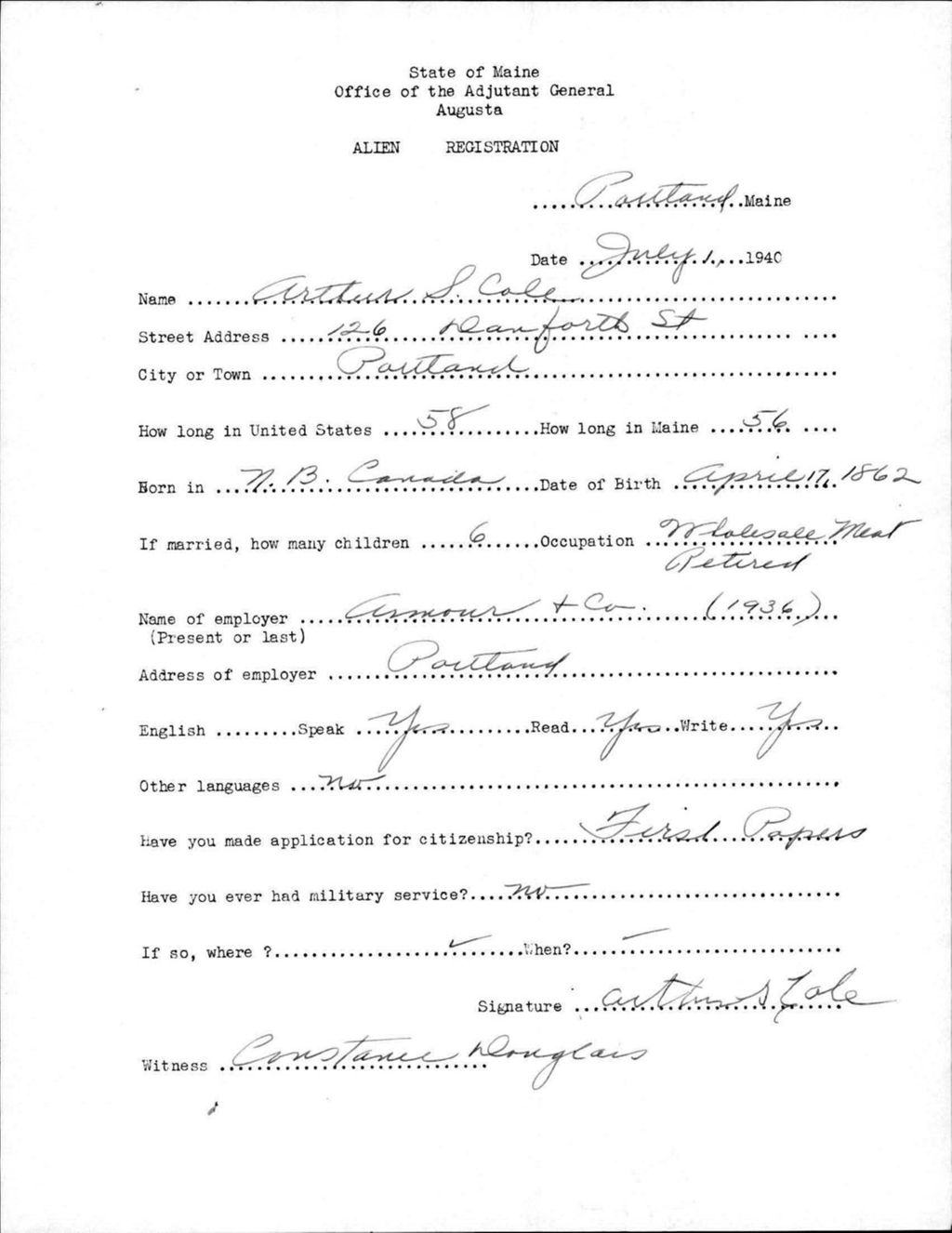 Miniature of Alien Registration- Cole, Arthur S. (Portland, Cumberland County)