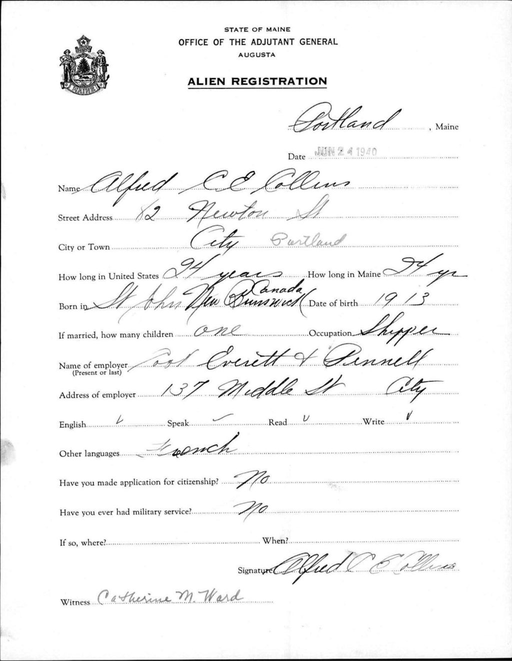 Miniature of Alien Registration- Collins, Alfred C E. (Portland, Cumberland County)