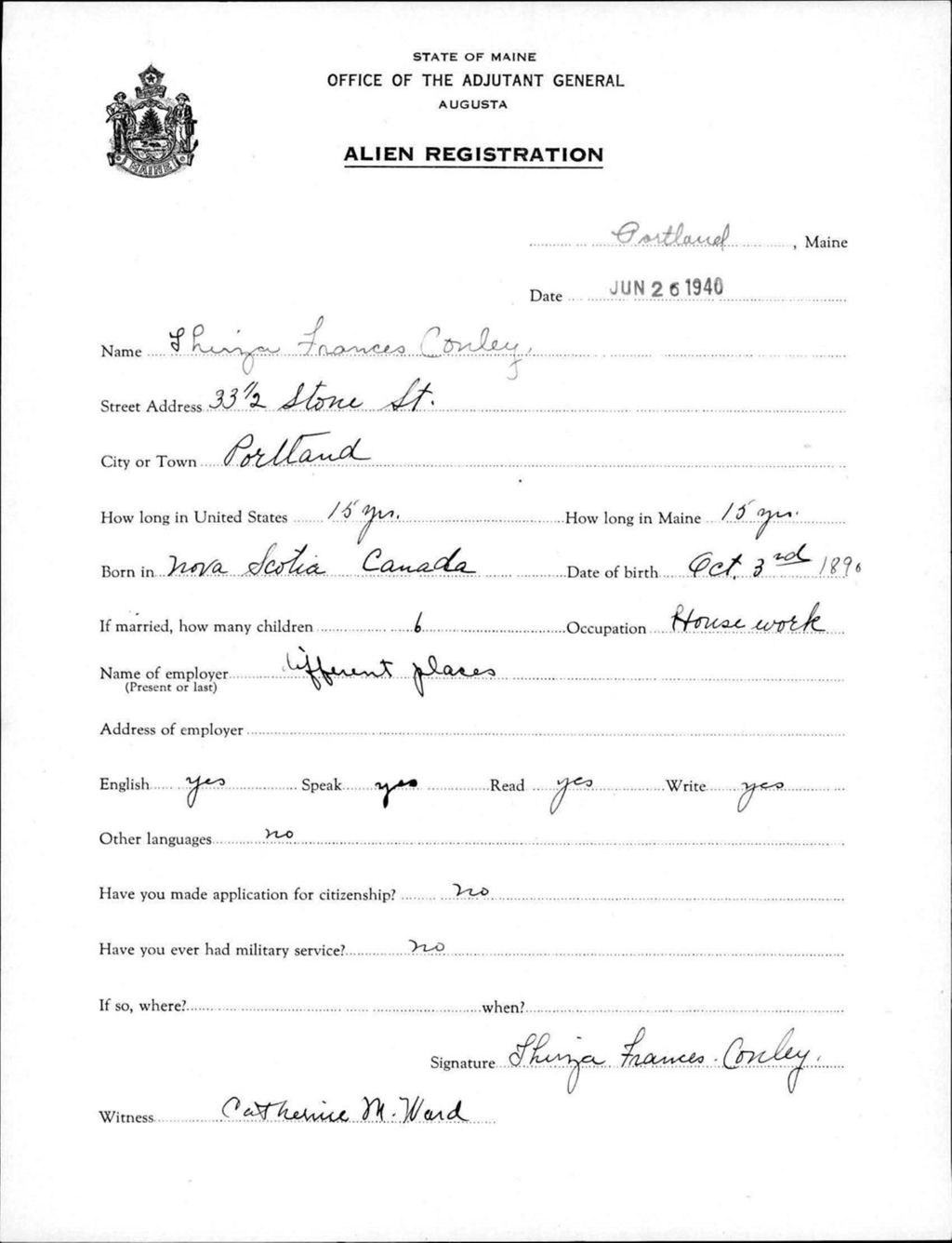 Miniature of Alien Registration- Conley, Thirza F. (Portland, Cumberland County)