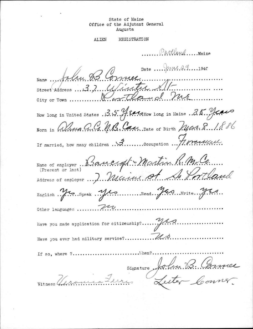 Miniature of Alien Registration- Conner, John B. (Portland, Cumberland County)