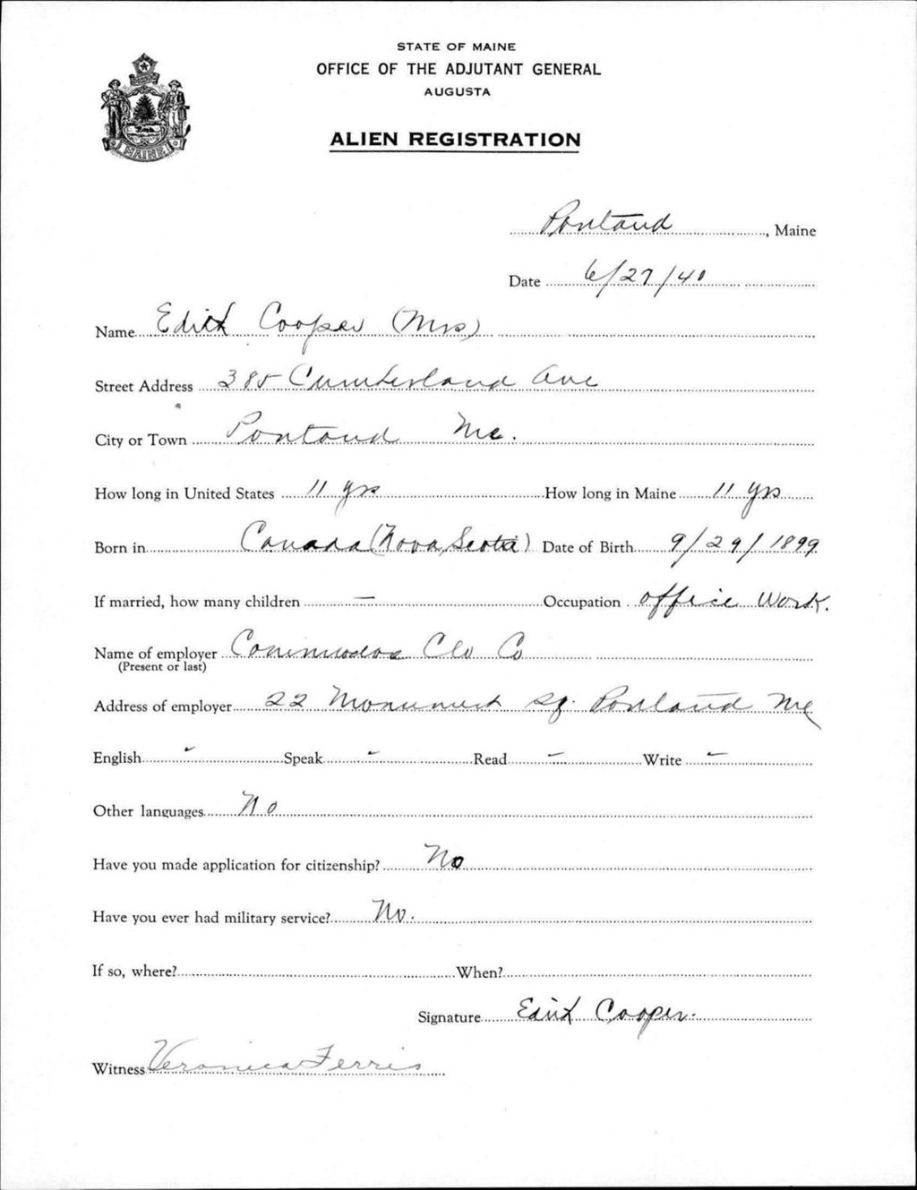 Miniature of Alien Registration- Cooper, Edith (Portland, Cumberland County)