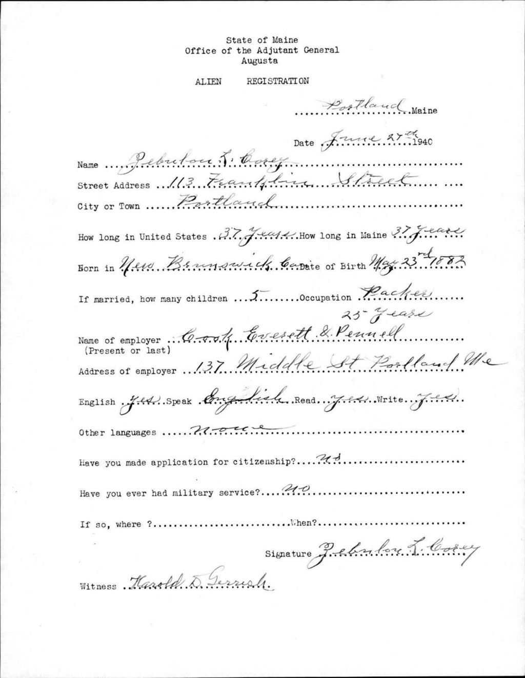 Miniature of Alien Registration- Corey, Zebulon L. (Portland, Cumberland County)