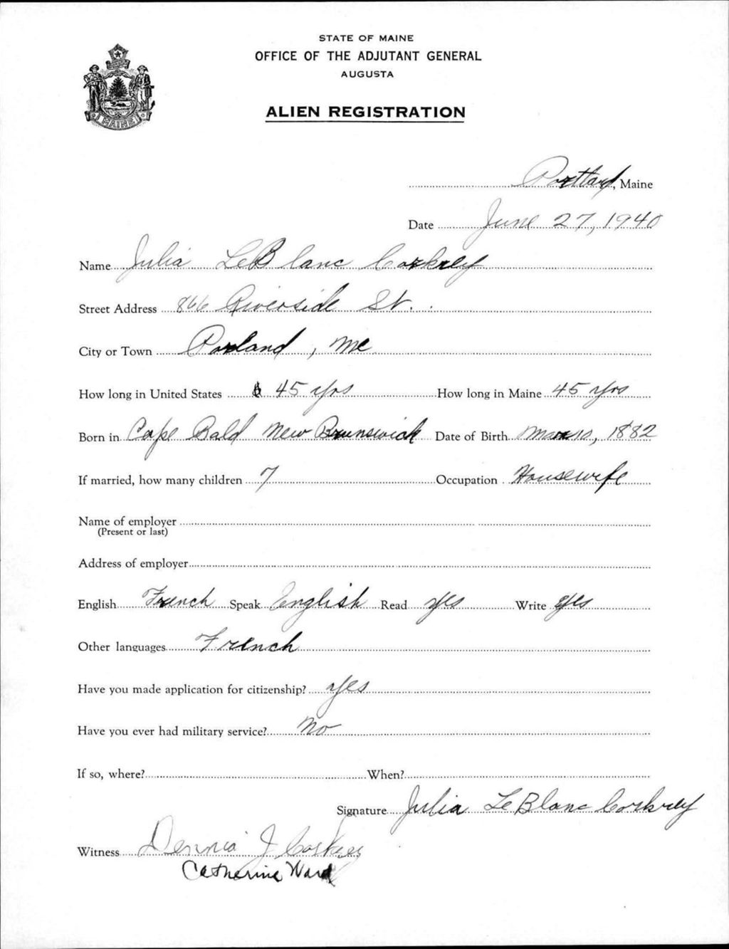 Miniature of Alien Registration- Leblanc, Julia (Portland, Cumberland County)
