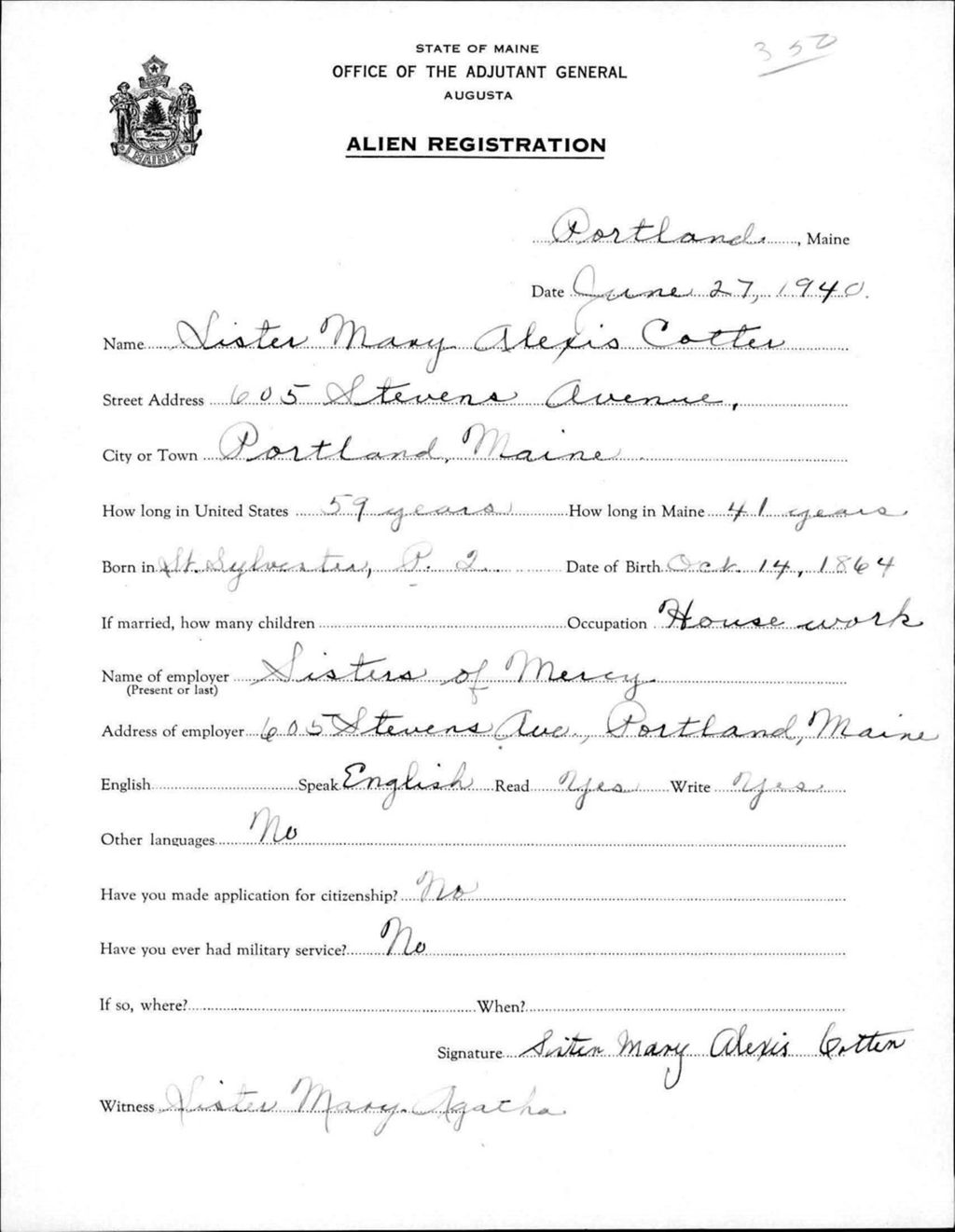 Miniature of Alien Registration- Cotter, Sister Mary Alexis (Portland, Cumberland County)
