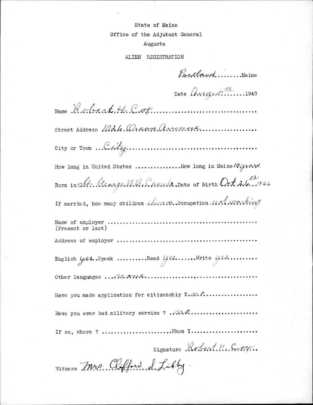Miniature of Alien Registration- Cox, Robert H. (Portland, Cumberland County)