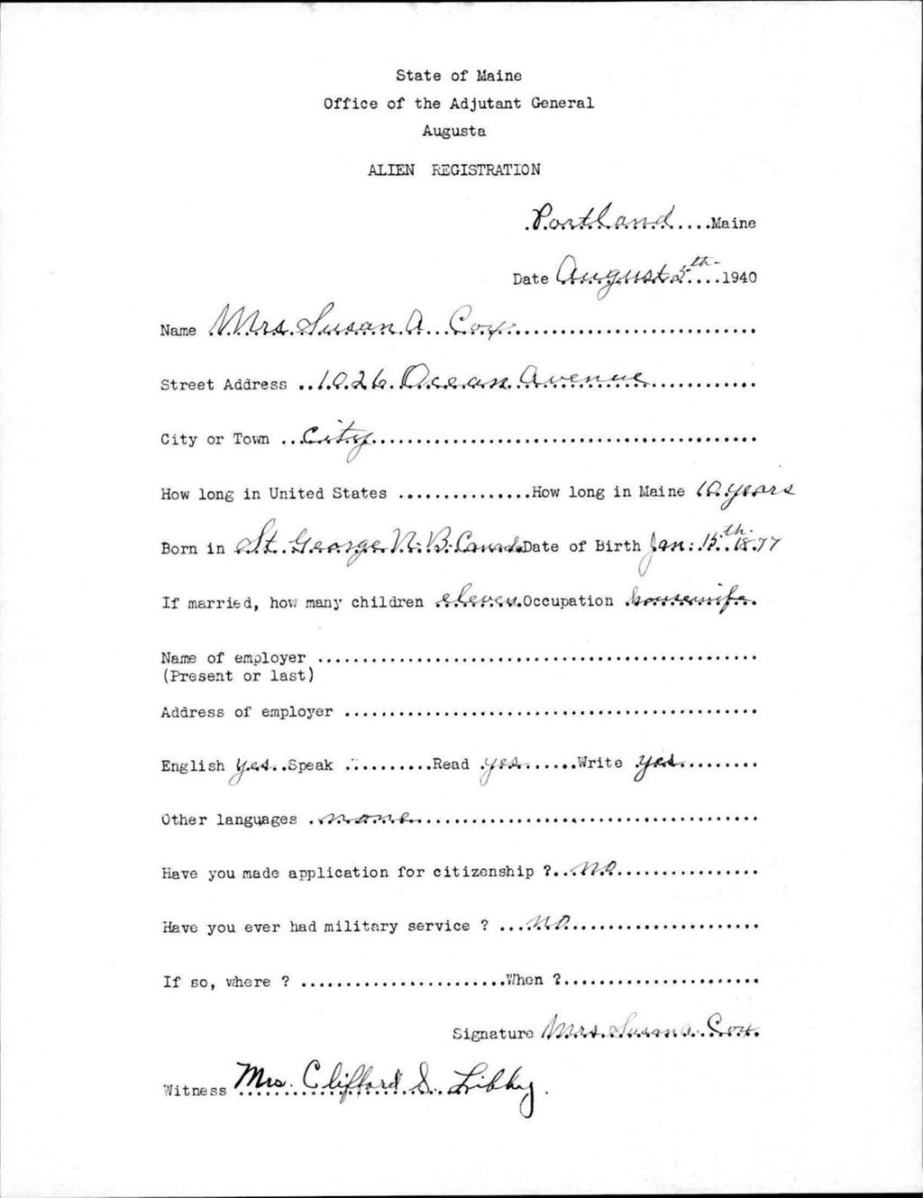 Miniature of Alien Registration- Cox, Susan A. (Portland, Cumberland County)