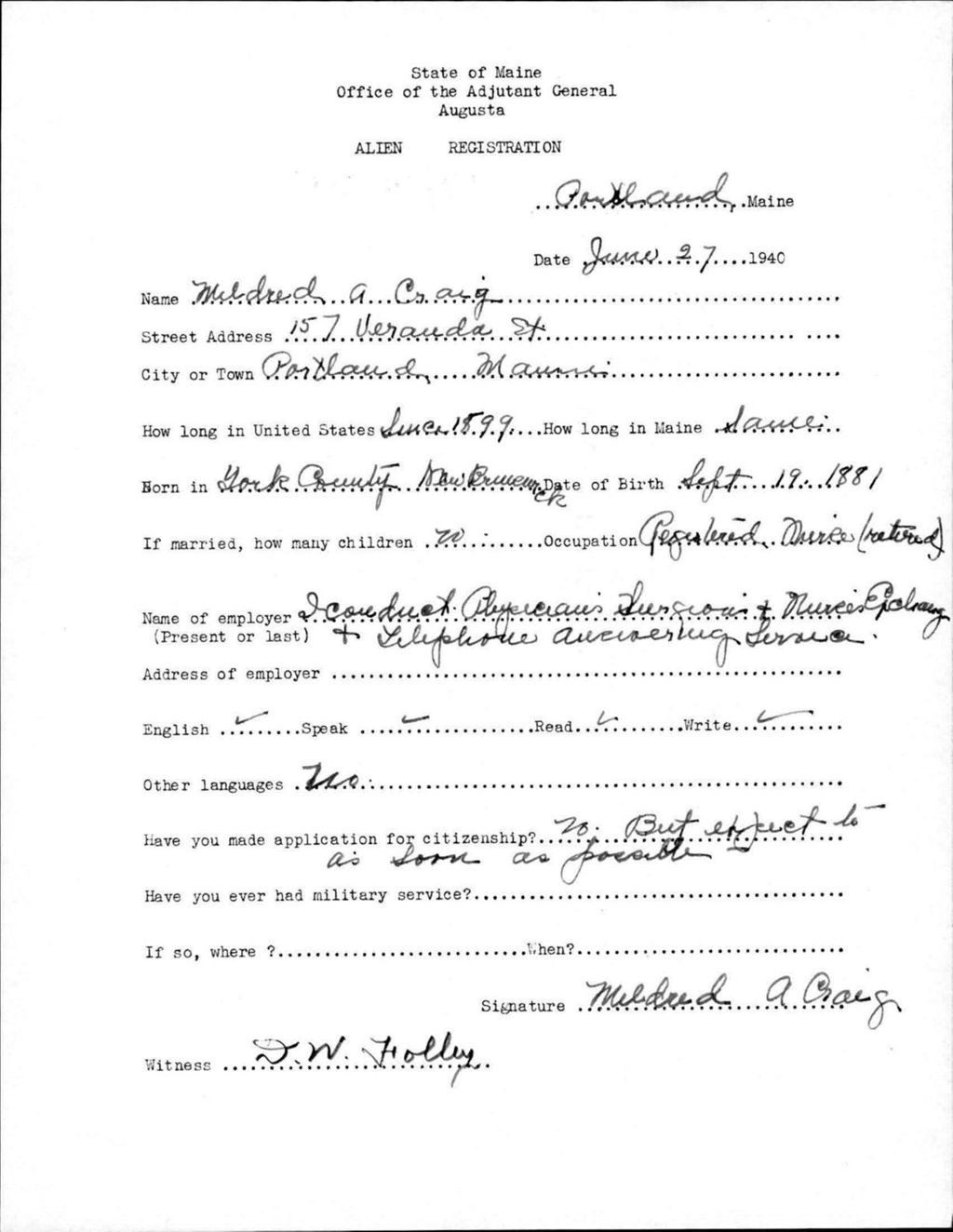 Miniature of Alien Registration- Craig, Mildred A. (Portland, Cumberland County)